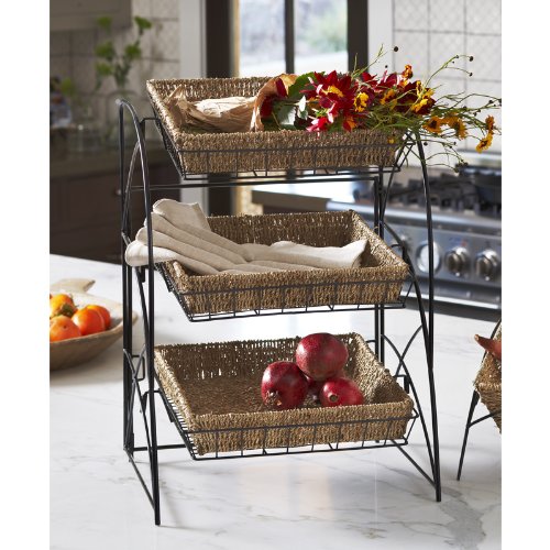 Tristan Triple Tiered Square Display Stand with Handwoven Seagrass Baskets - Rustic Home Decor for Bathroom, Kitchen & Bedroom Organization