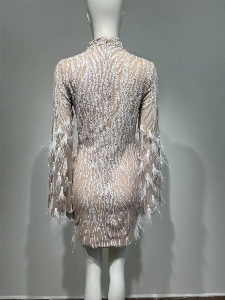 Elegant Women's Long Sleeve Feather Lace Bodycon Mini Dress for Evening Party, Birthday, Cocktail & Clubwear - Perfect for Night Out, Date Night & Special Occasions
