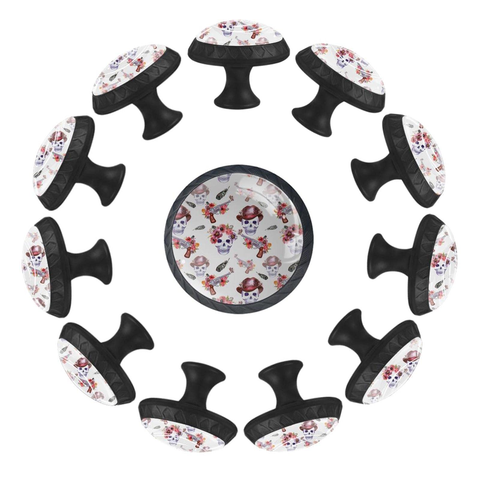 12 Pcs Crystal Glass Cabinet Knobs - Cowboy Floral Skull Design for Home & Office Drawers