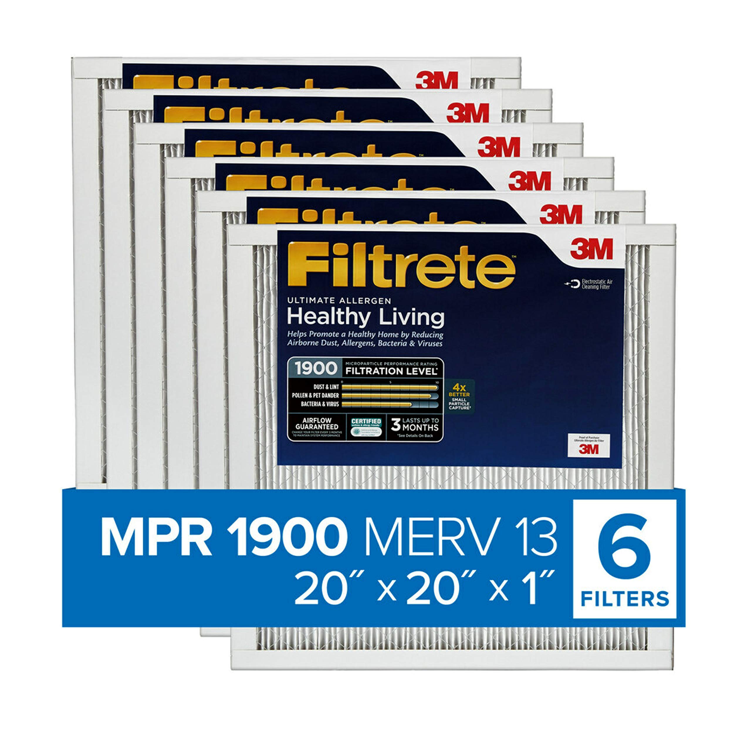 Filtrete 20x20x1 Air Filter MPR 1900 - 6 Pack AC Furnace Filters for Allergies & Dust, 19.69x19.69x0.78 Inches - Perfect for Home, Office & HVAC Systems