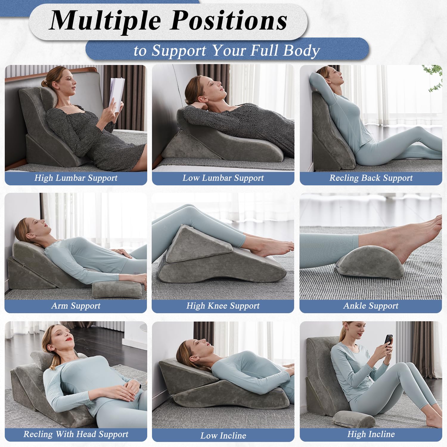 **Axelrod Adjustable Bed Wedge Pillow Set – Memory Foam Support for Back, Leg & Knee Pain Relief | Post-Surgery Orthopedic Pillow | Anti-Snoring, Heartburn & Acid Reflux Relief | Grey – Perfect for Reading, Sleeping & Recovery**