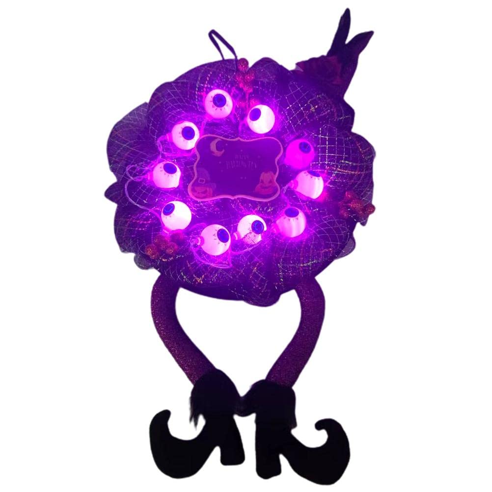 Spooky Halloween Wreath with Witch Hat & Glowing LED Eyes - Battery Operated String Lights for Front Door Decor, Indoor/Outdoor Hanging Ornament - Perfect for Halloween Party, Porch & Window Decoration