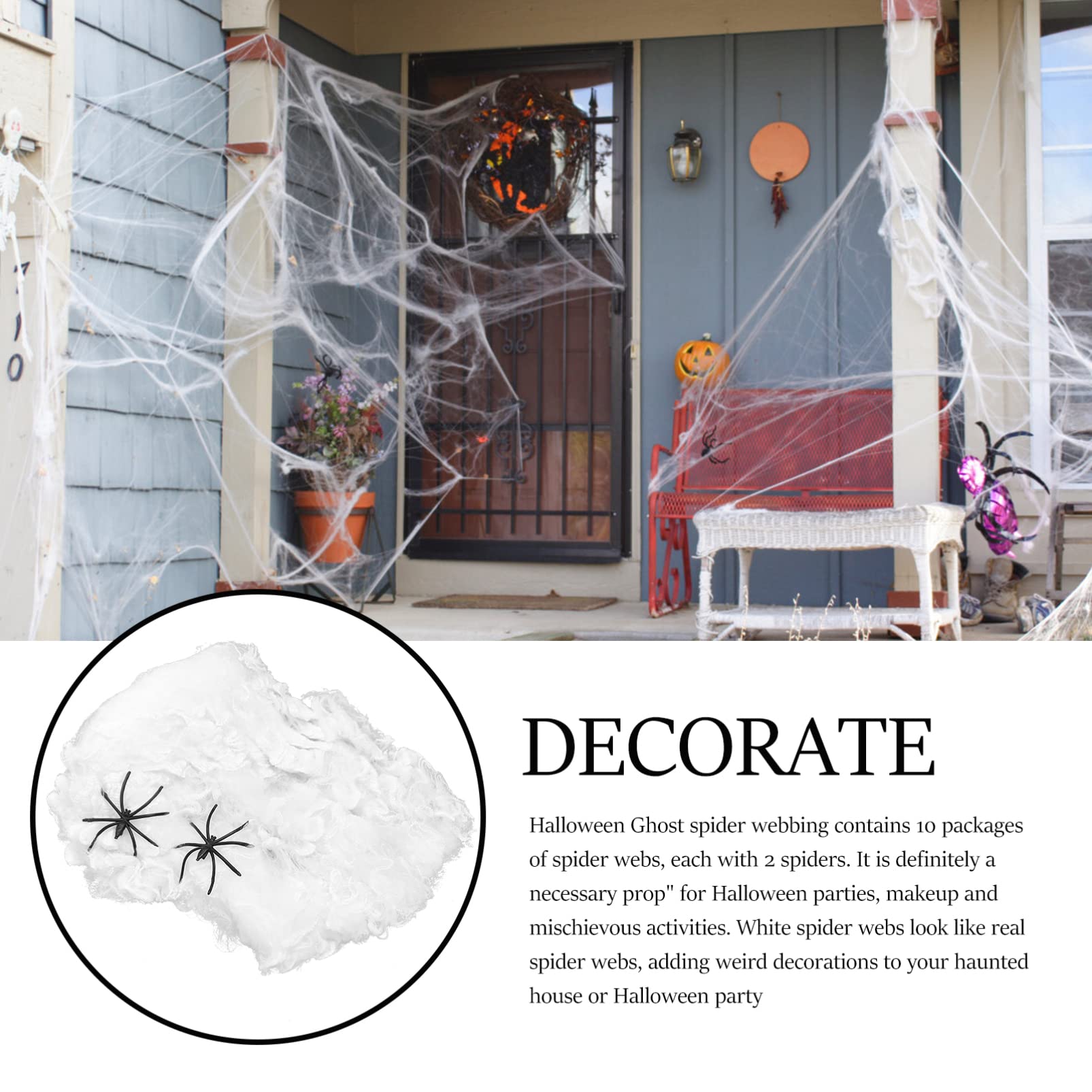 10 Pcs Stretchy Spider Web Halloween Decorations - Fake Spider Webbing with Spooky Cobwebs & Plastic Spiders for Indoor/Outdoor Party Decor (Haunted House, Porch, Yard, Window, DIY Scary Halloween Setup)
