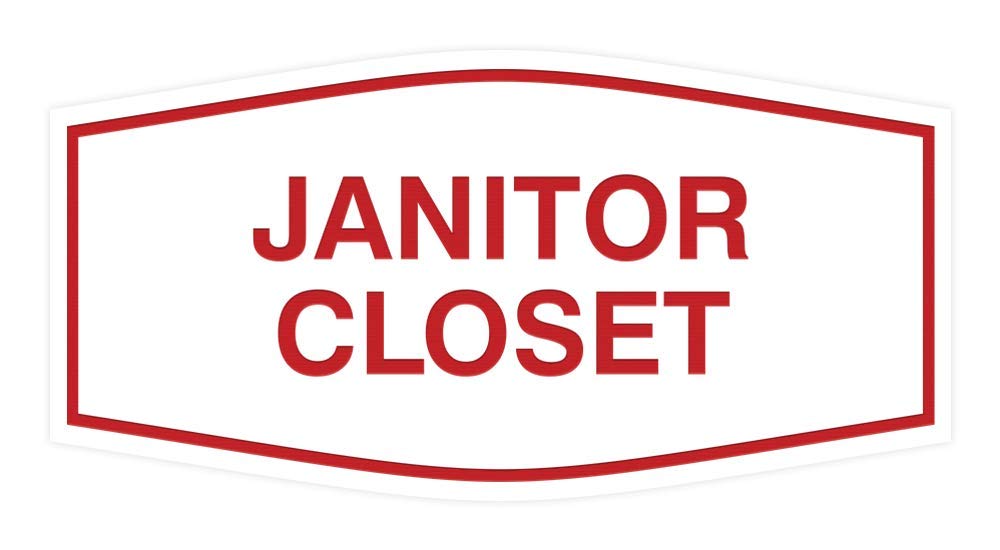 Fancy Janitor Closet Sign (White/Red) - Medium Size for Office, School & Commercial Use - Durable & Visible Cleaning Supply Room Sign