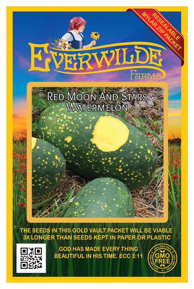 Everwilde Farms - 20 Red Moon & Stars Watermelon Seeds - Non-GMO, Heirloom, Organic - Gold Vault Jumbo Seed Packet for Home Garden, Backyard Planting & Fresh Fruit Harvesting