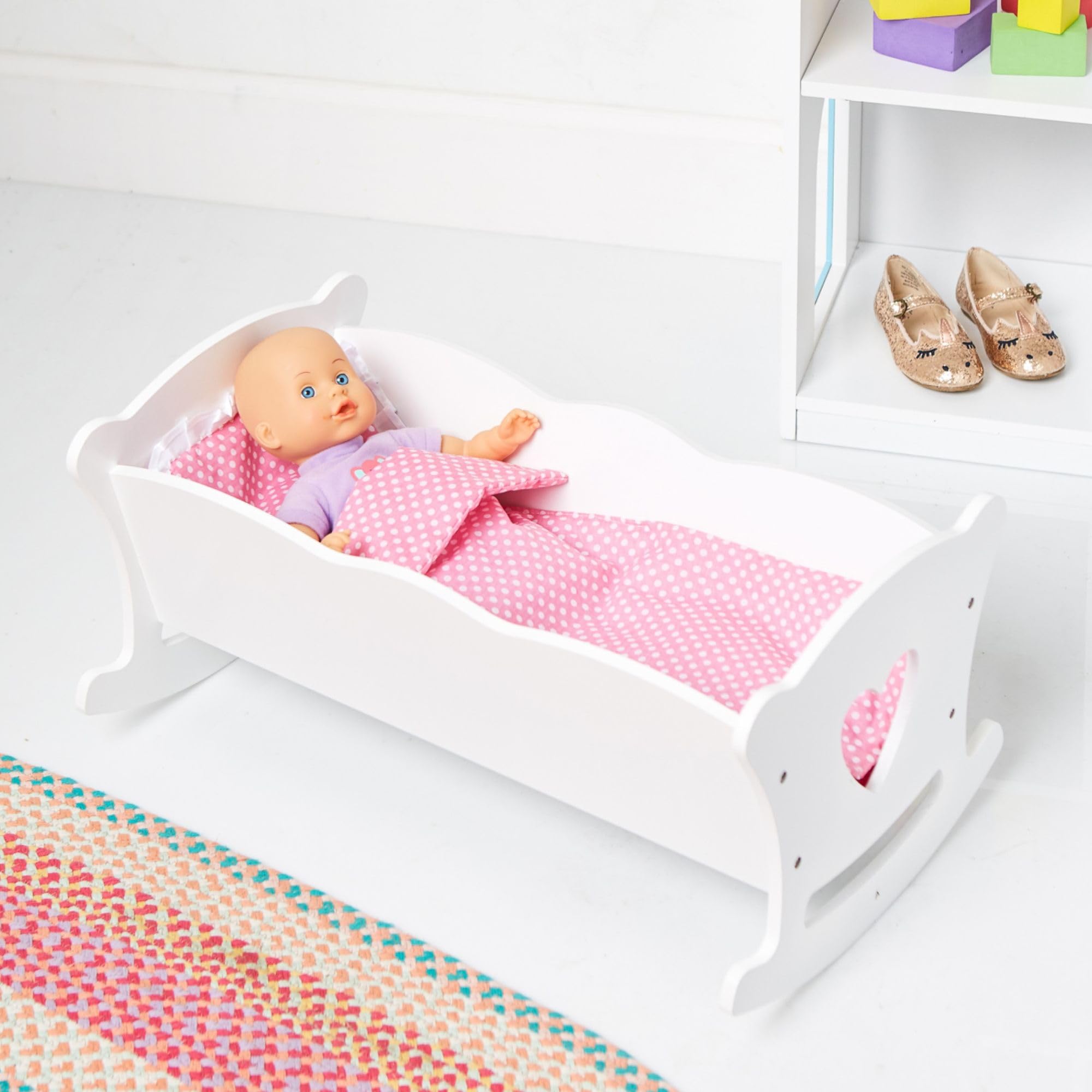 Wildkin Kids Wooden Doll Cradle for Toddler Girls - Baby Doll Rocking Cradle with Pillow & Blanket, Fits 20