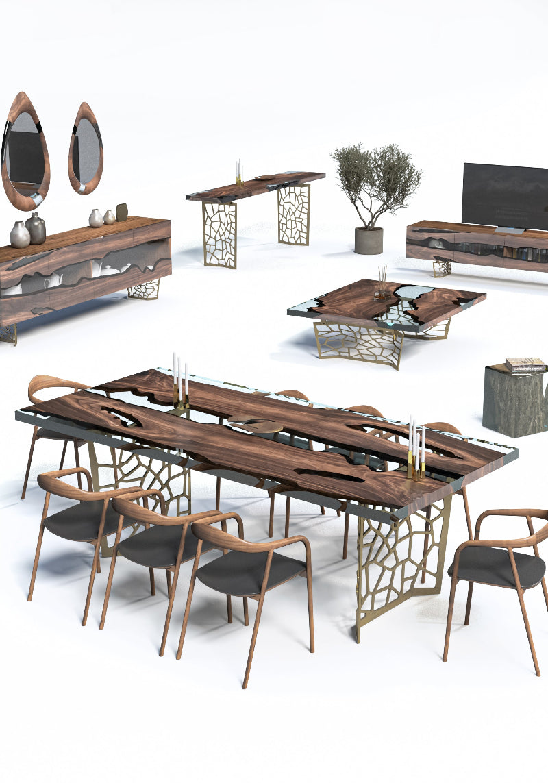 Voronoi Resin Walnut River Dining Table - Modern Wood & Epoxy Live Edge Table for Dining Room, Kitchen, Office - Unique Handmade Home Decor & Furniture