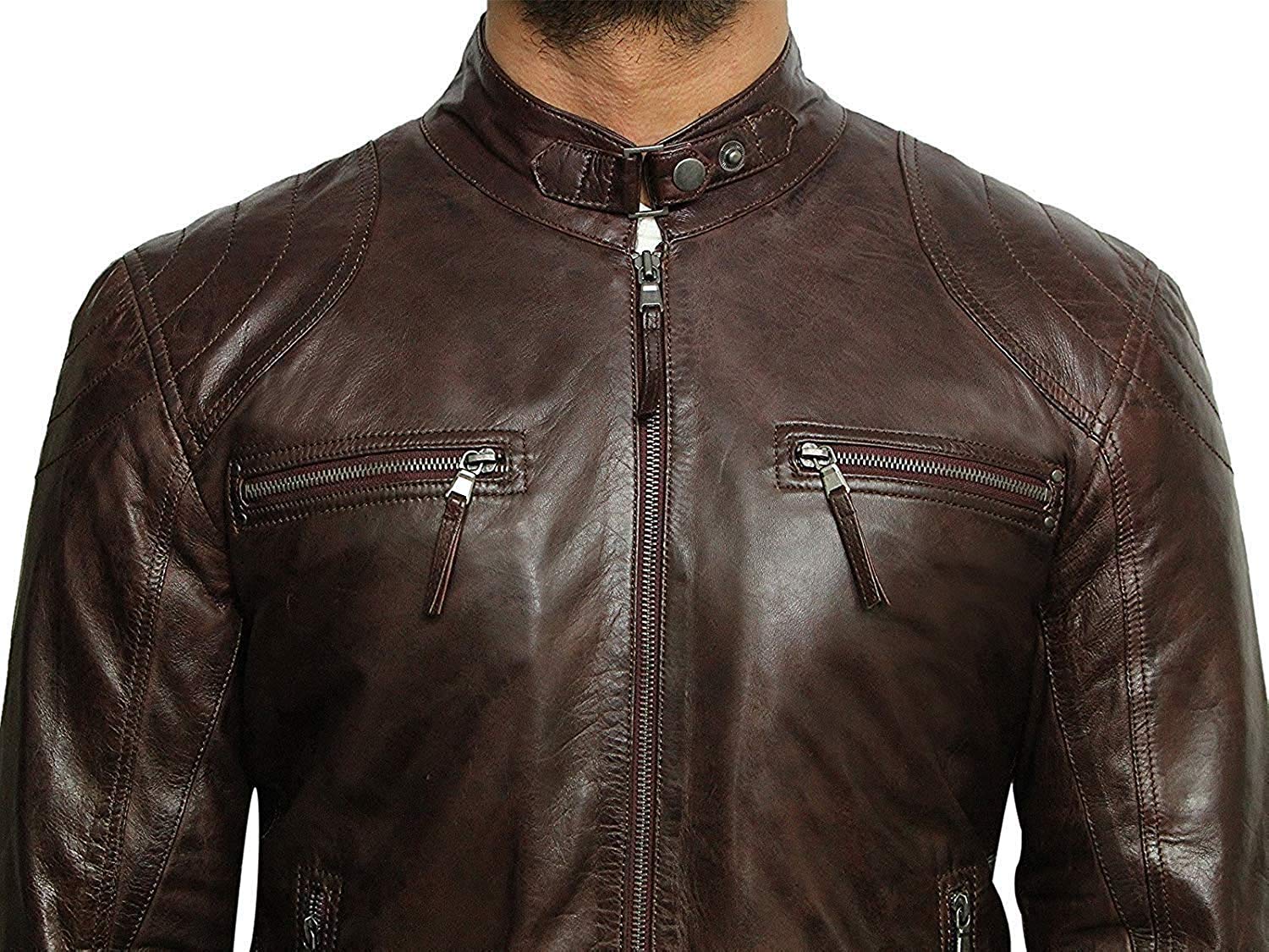 BRANDSLOCK Men's Black Real Lambskin Leather Jacket - Distressed Cafe Racer Motorcycle Biker Jacket for Riding & Casual Wear | Genuine Leather Outerwear for Men