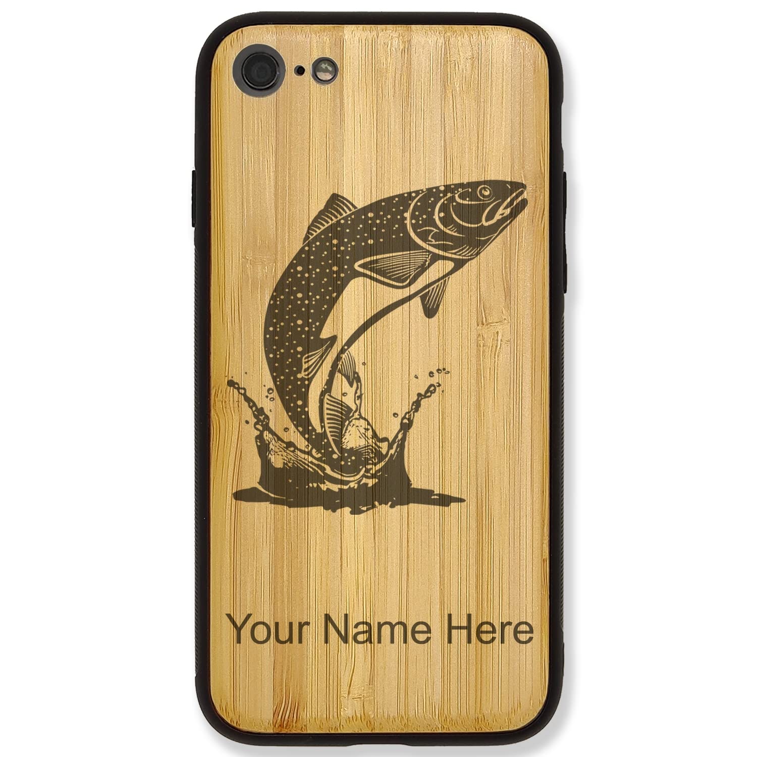 Premium Bamboo Phone Case for iPhone 7 Plus & 8 Plus - Trout Fish Design with Free Personalized Engraving | Durable Protection for Outdoor Adventures & Daily Use