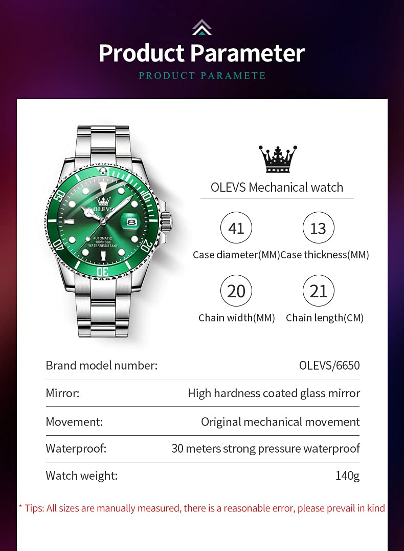 OLEVS Men's Automatic Self-Winding Mechanical Watch - Gold/Silver Stainless Steel Luxury Dress Watch with Big Face, Date Display, Waterproof & Luminous Rotating Bezel - Perfect for Business, Formal Events & Everyday Wear