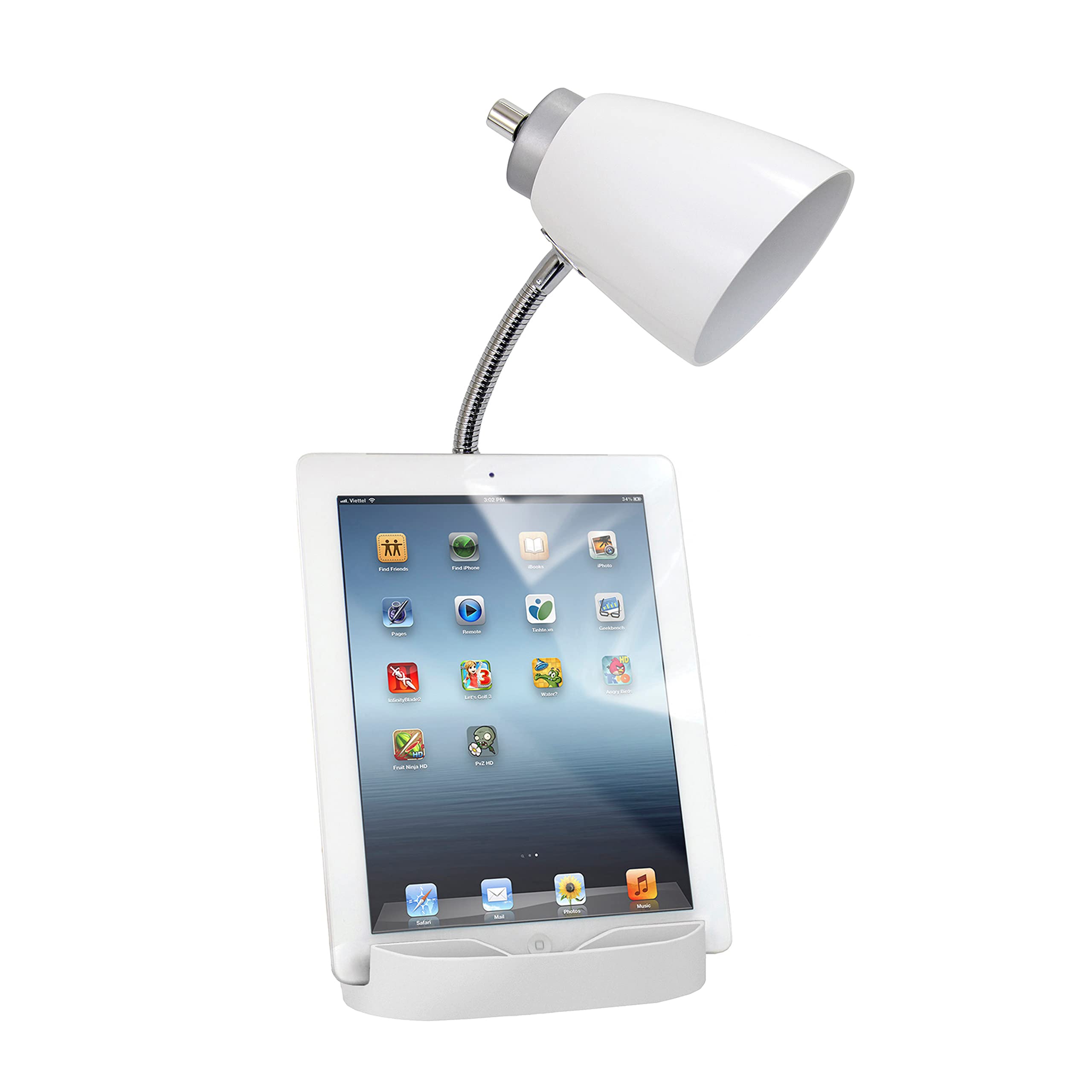 Simple Designs LD1056-WHT Adjustable Gooseneck Desk Lamp with iPad/Tablet Stand, Book Holder & USB Charging Port - White | Perfect for Reading, Studying, Office Work & Nightstand Use