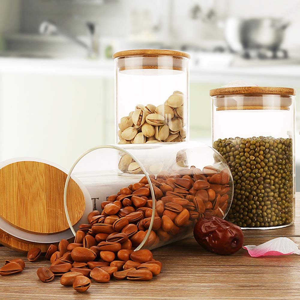 4PCS 500ML Glass Food Storage Jars with Bamboo Lids - Airtight Kitchen Containers for Candy, Cereal, Beans & Dry Goods | Perfect for Pantry Organization & Meal Prep