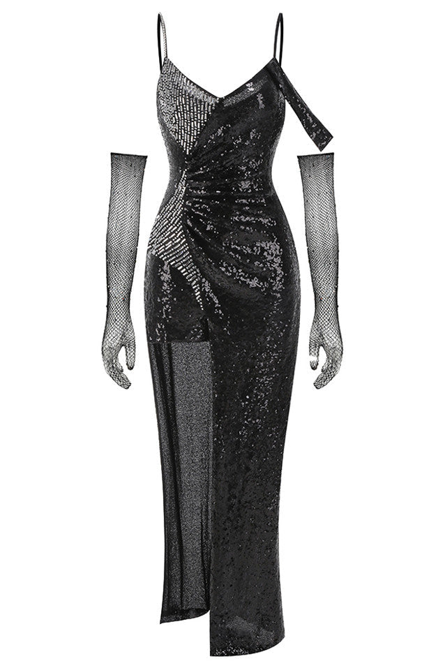 Ashley Sequin Strap Maxi Dress in Black - Elegant Evening Gown for Parties, Weddings & Special Occasions