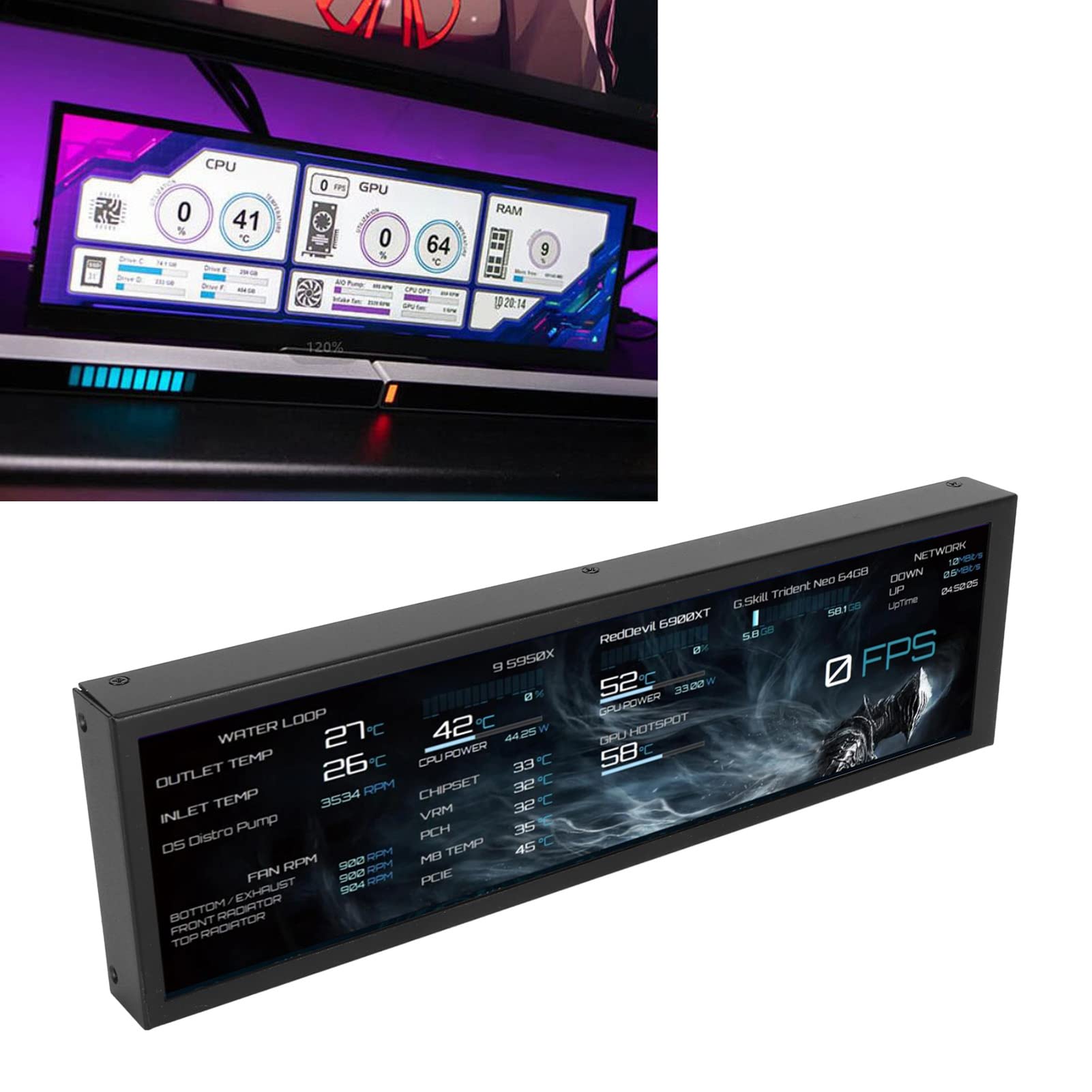 8 Inch IPS Mini USB Display 1920x480, 60Hz Computer Temperature Monitor, 360° Rotatable PC Sensor Panel Screen for Gaming PC Case Accessories - Perfect for PC Builds, Gaming Setups, and Temperature Monitoring (Black)