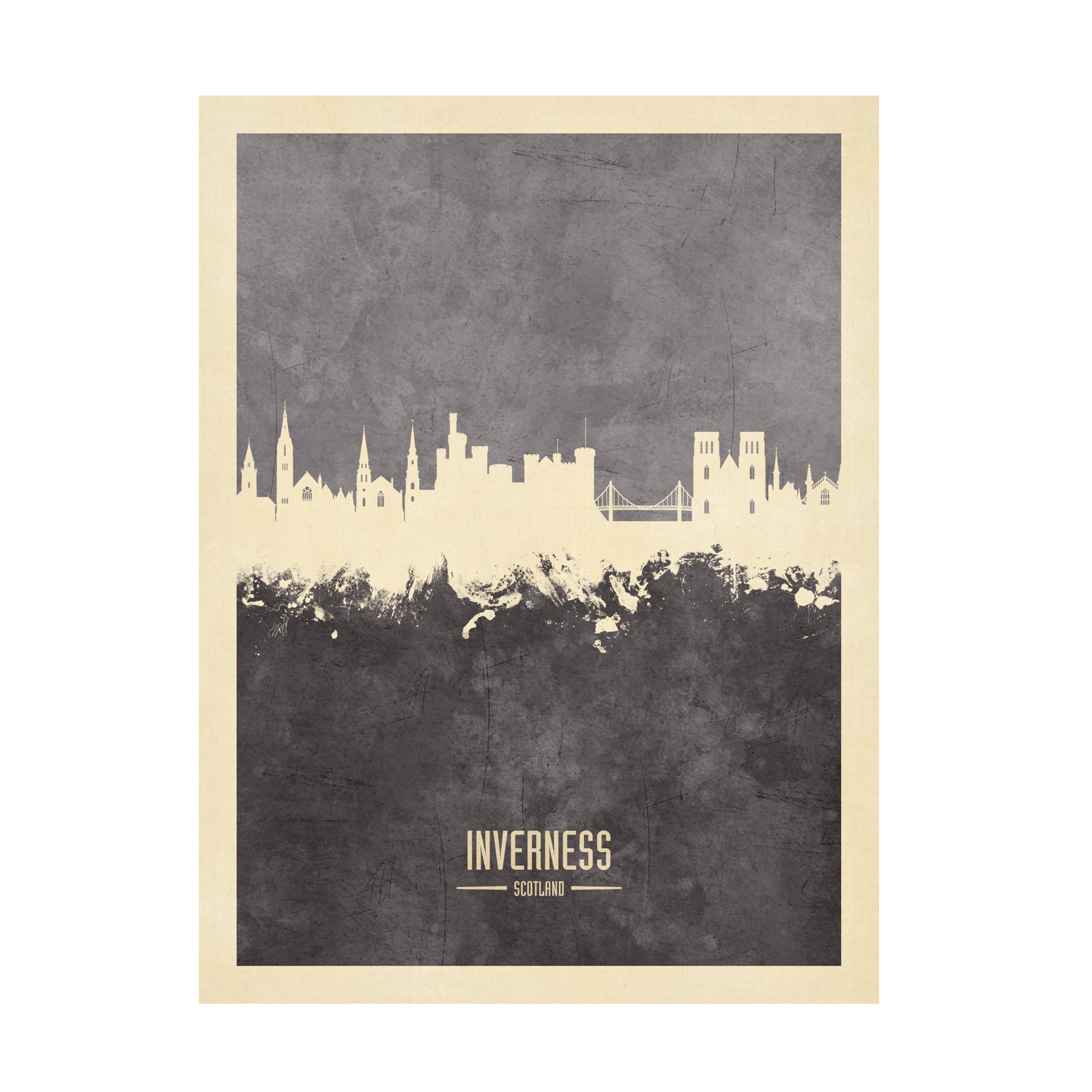 Michael Tompsett 'Inverness Scotland Skyline Gray' Canvas Wall Art Print - Modern Landscape Painting for Living Room, Bedroom & Office Decor
