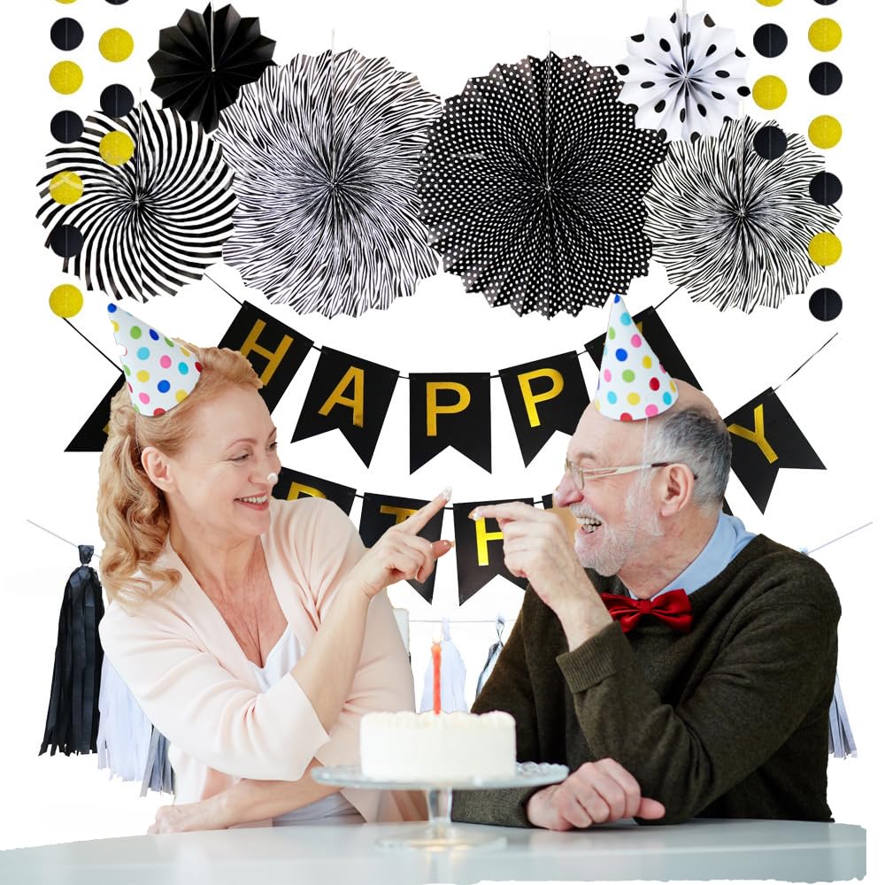 Black and Gold Happy Birthday Banner for Men - Premium Birthday Party Decorations with Paper Fans, Tassels & Dot Garland - Perfect for Adult Birthday Parties, Milestone Celebrations & Man Cave Decor