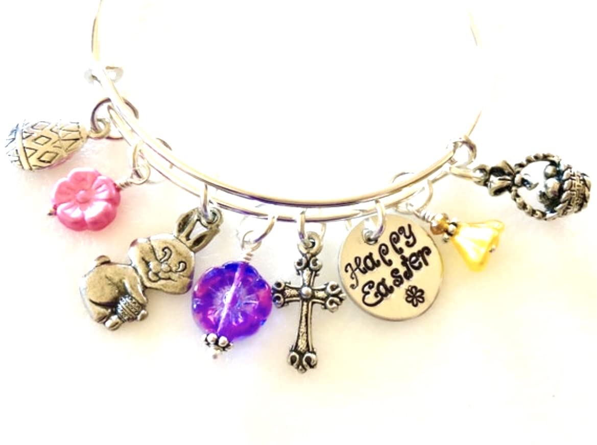 Easter Charm Bracelet with Bunny & Christian Cross - Adjustable Silver Bangle for Women - Perfect for Easter Gifts, Basket Fillers & Spring Celebrations