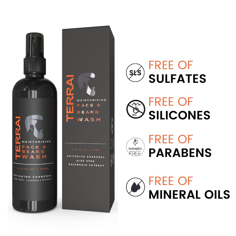 Terrai Activated Charcoal Face & Beard Wash for Men - Deep Pore Cleanser, Oil Control, Anti-Pollution & Acne Treatment | Sulfate-Free, Paraben-Free Detoxifying Facial Cleanser | 100ml | Ideal for Gym, Travel & Daily Skincare Routine