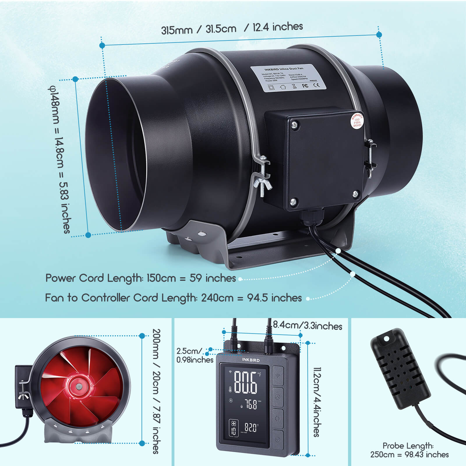 6 Inch Smart Inline Duct Fan with Temperature & Humidity Controller - IVC 001W for Home Ventilation, Grow Tents, and HVAC Systems