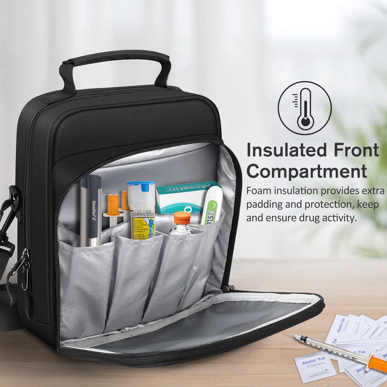 Insulated Insulin Cooler & EpiPen Carrying Case - Travel Medication Organizer Bag with Shoulder Strap for Diabetes Supplies, Asthma Inhaler, Auvi-Q & Allergy Medicine (Black) - Perfect for Travel, Daily Use & Emergency Preparedness