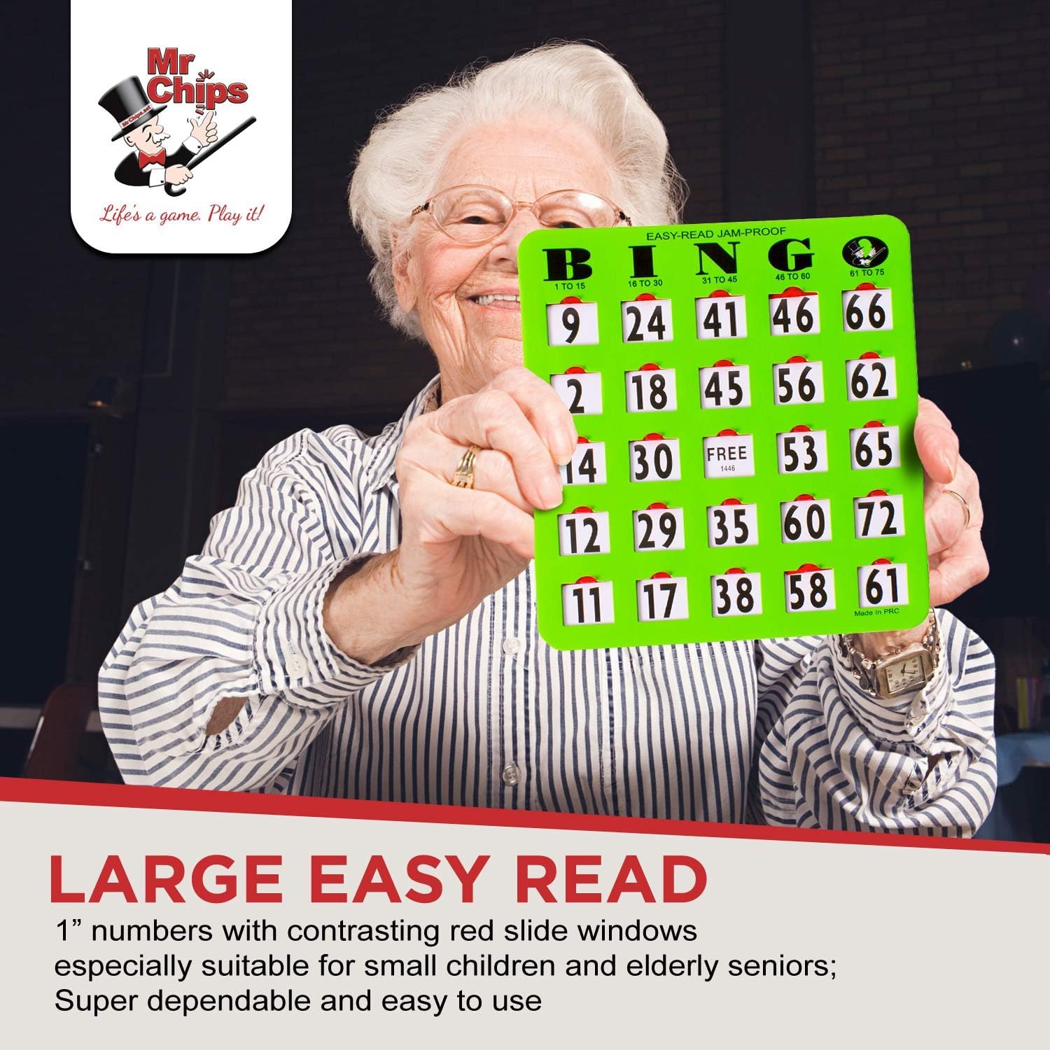 MR CHIPS Jam-Proof Bingo Cards with Sliding Windows - 50 Reusable Shutter Cards, 75 Calling Cards & 1 Master Board (Green) - Perfect for Family Game Nights, Bingo Parties & Classroom Activities