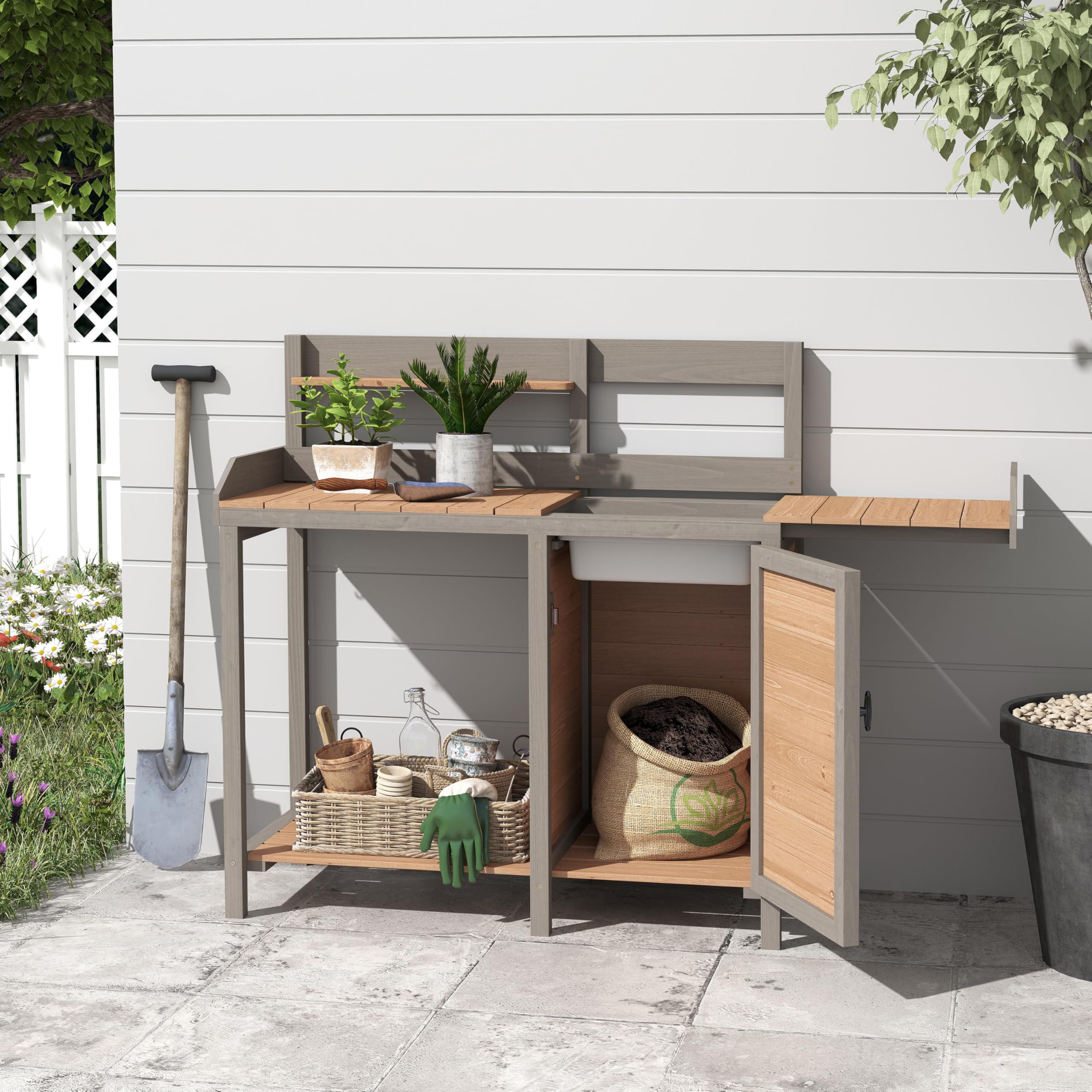 Wooden Potting Bench with Sink - Outdoor Garden Work Table with Storage Shelf | Perfect for Planting, Gardening, and DIY Projects on Patio, Lawn or Backyard