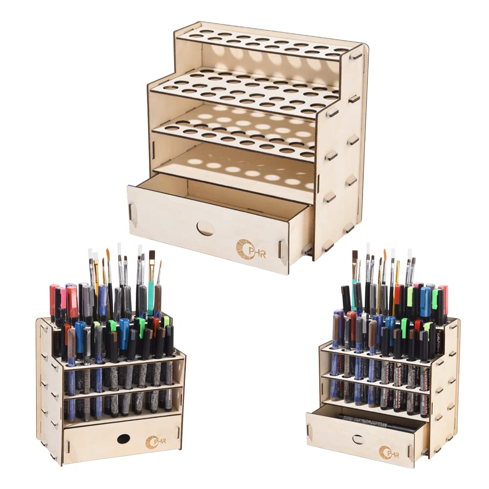 OPHIR 32-Slot Wooden Paint Brush Organizer with Drawer - Storage Rack for Artist Supplies, Marker Pens, Colored Pencils & Painting Tools | Perfect for Craft, Model Painting & Art Studio Organization
