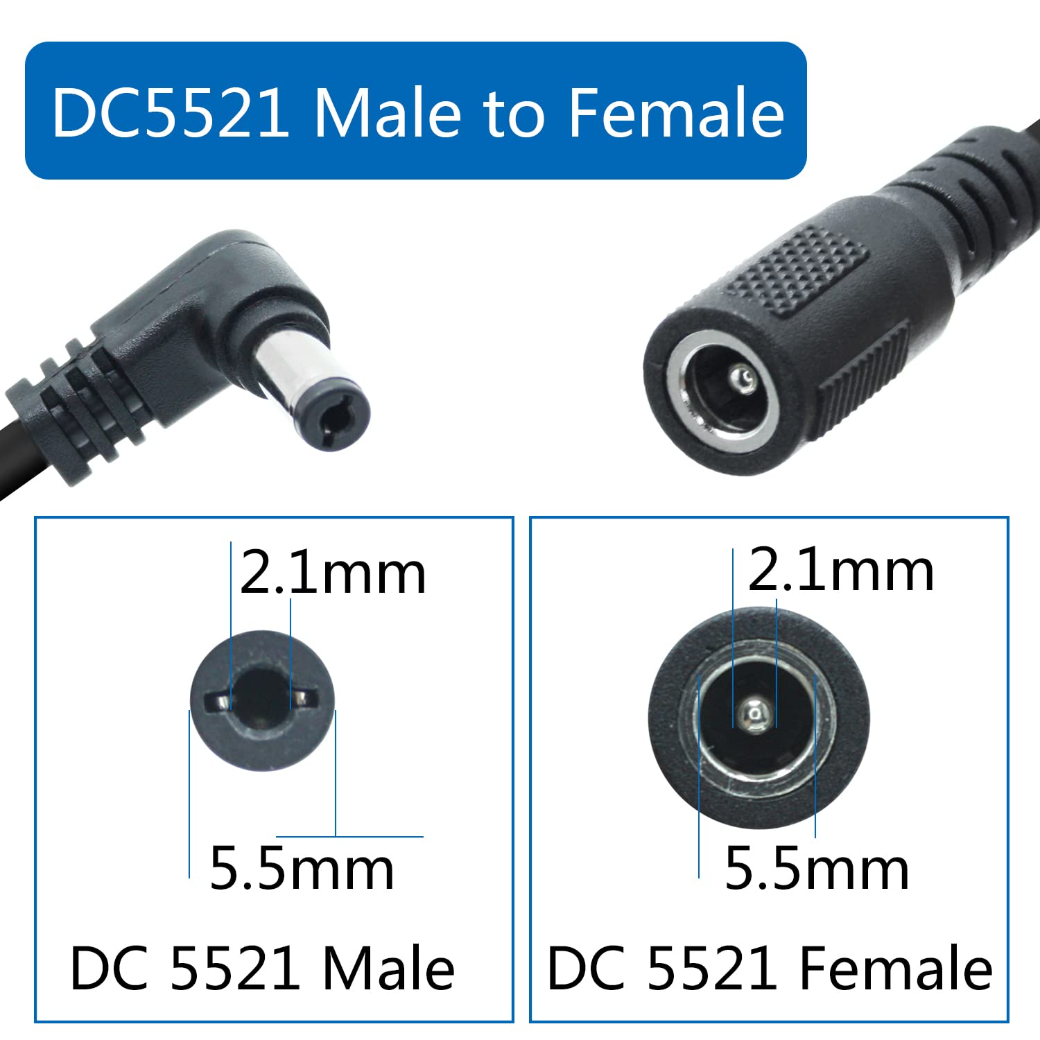 90 Degree DC 5.5mm x 2.1mm Male to Female Power Extension Cable (2 Pack) - 0.5m/1.65ft DC5521 Adapter for CCTV Cameras, Security Systems, IP Cameras & More - Perfect for Home Surveillance Setup & Electronic Device Power Connections