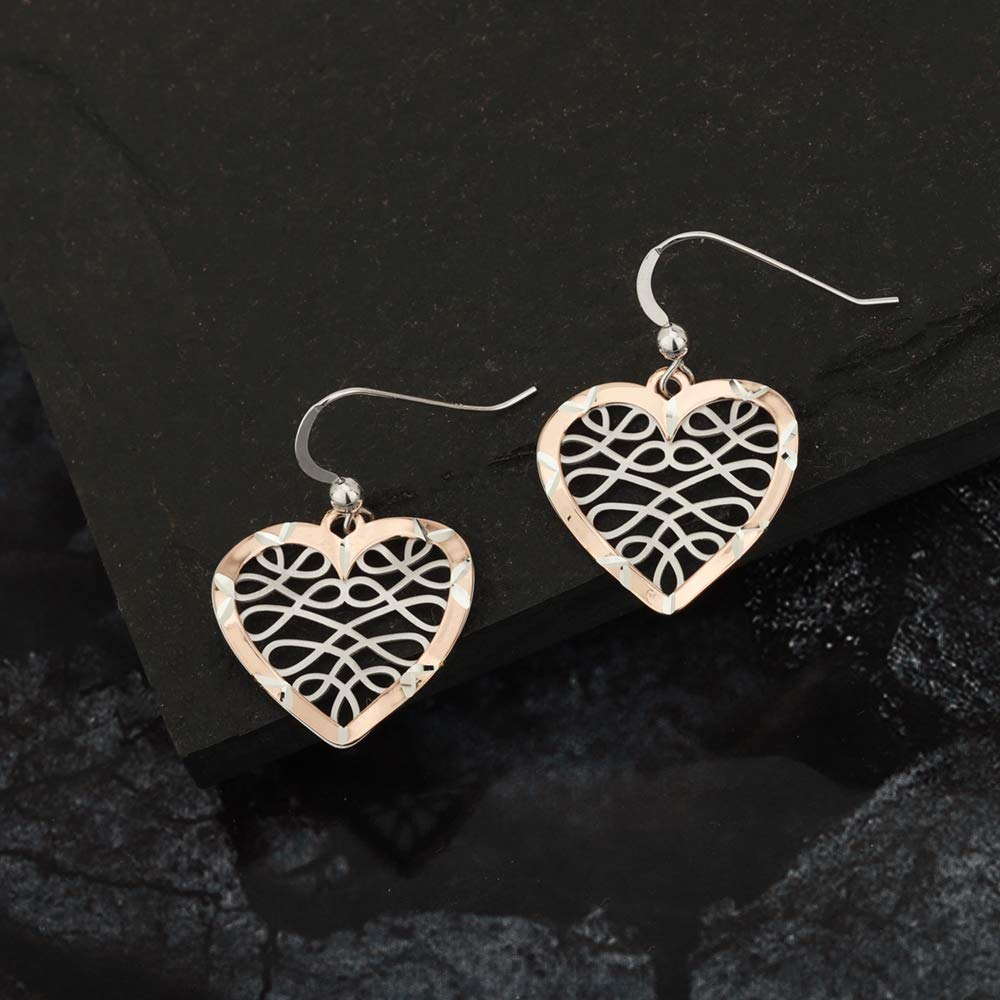 Vanbelle Sterling Silver Two Tone Jewelry - Filigree Heart Drop Earrings with Rhodium & Rose Gold Plating - Elegant Handcrafted Women's Earrings for Date Night & Special Occasions