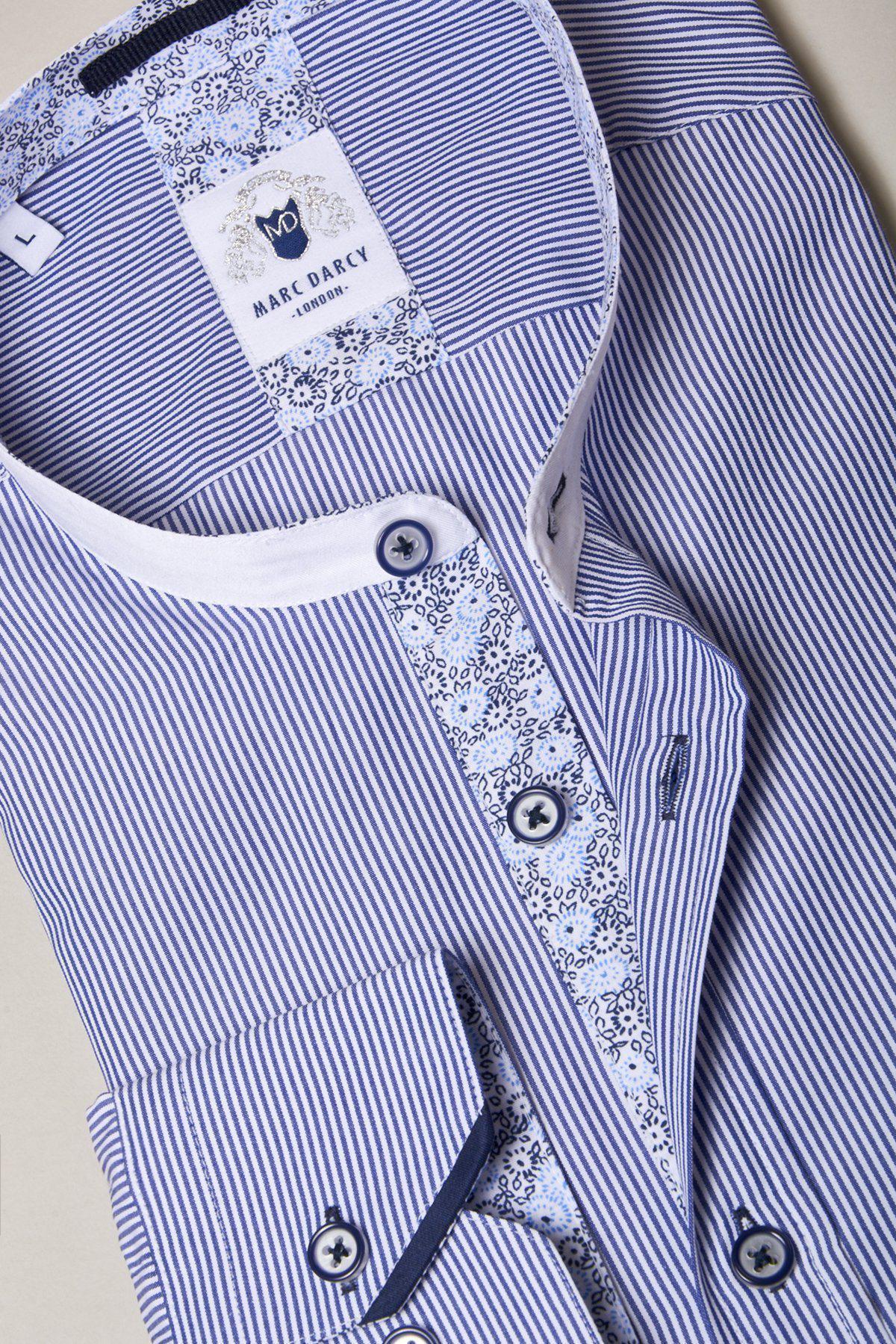 COOPER Men's Grandad Collar Navy Stripe Casual Shirt - Stylish Button Down Top for Work, Date Night & Everyday Wear