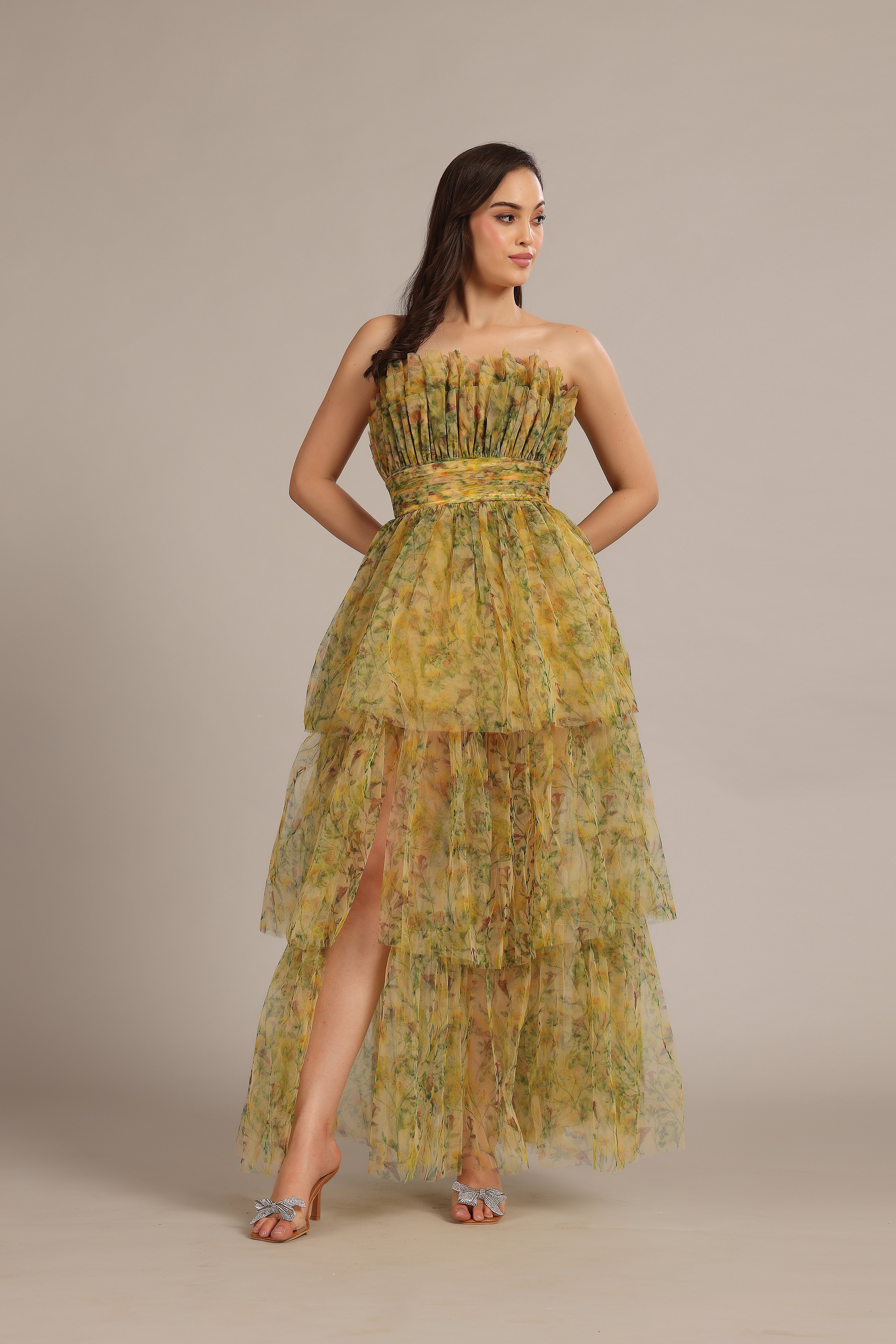 Natalia Yellow Floral Tulle Maxi Dress - Elegant Long Formal Gown for Weddings, Prom, Evening Parties & Special Occasions