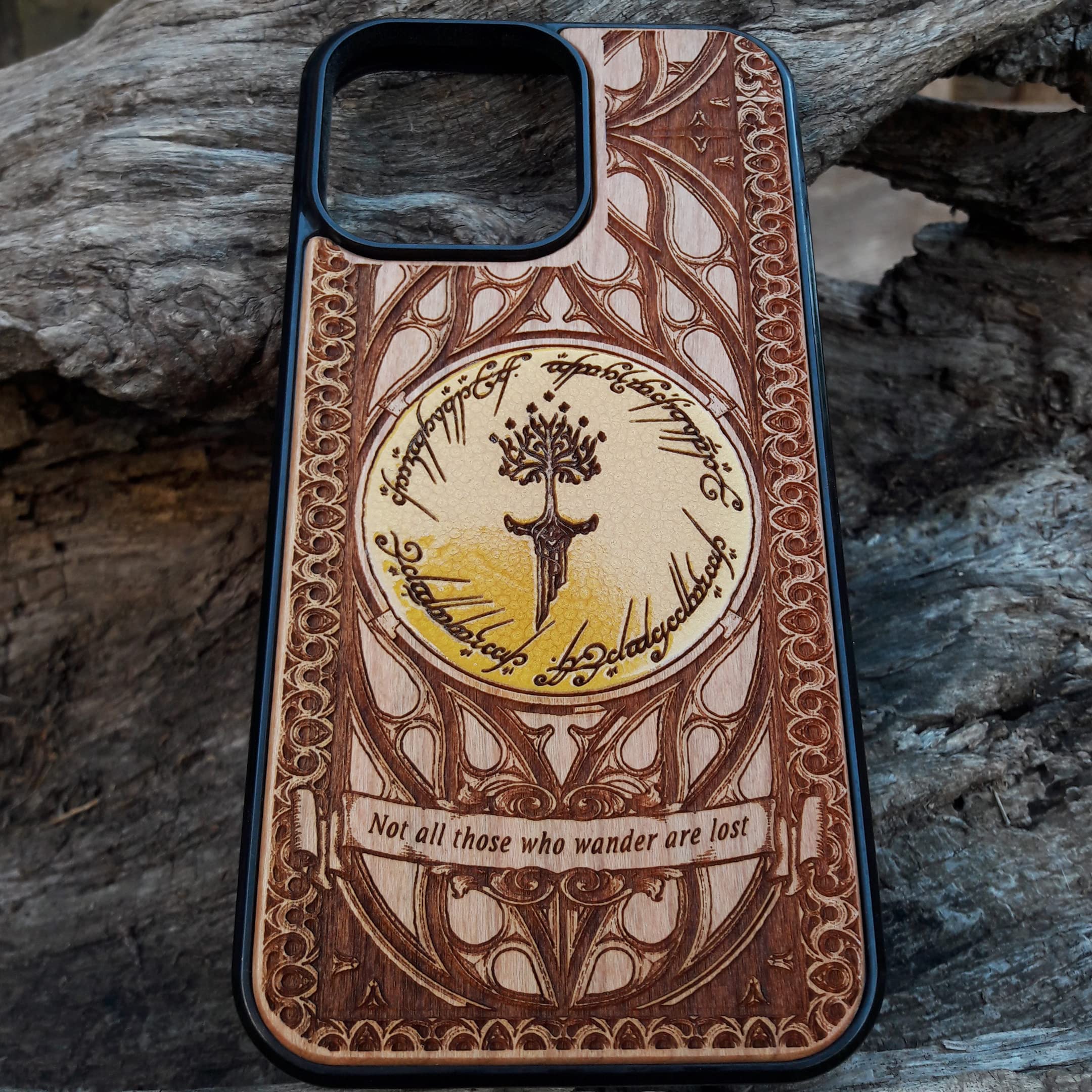 Hand-Painted Elvish Symbol Laser Engraved Wooden Phone Case for iPhone 16/15/14/13/12/11 Pro Max/Mini & Galaxy S25/S24/S23/S22/S21/S20 Ultra Plus - Eco-Friendly Slim Durable Wood Cover - Perfect for Nature Lovers & Fantasy Fans