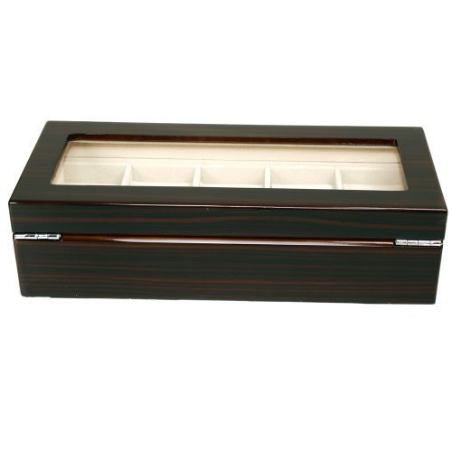 Luxury Wooden Watch Box with 5 Slots - Distressed Wood Grain, Black Brown Finish, Glass Window & Lock Key - Perfect for Watch Storage & Display in Bedroom, Office, or Travel