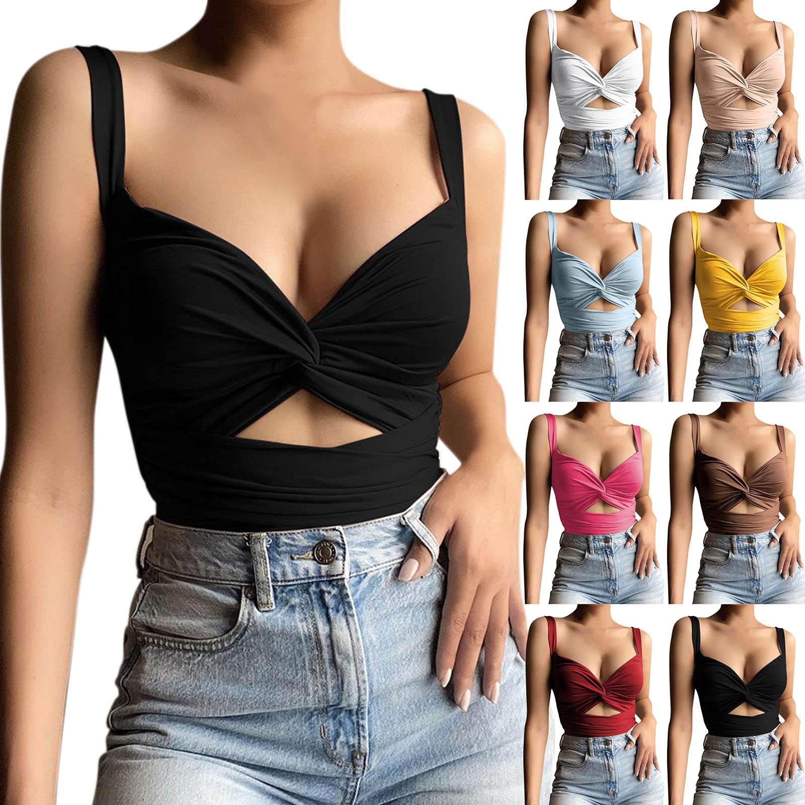 Women's Criss Cross Cut Out Wrap Crop Halter Neck Sleeveless Tank Top - Solid Color Cami Tops for Summer, Beach, Yoga & Casual Wear