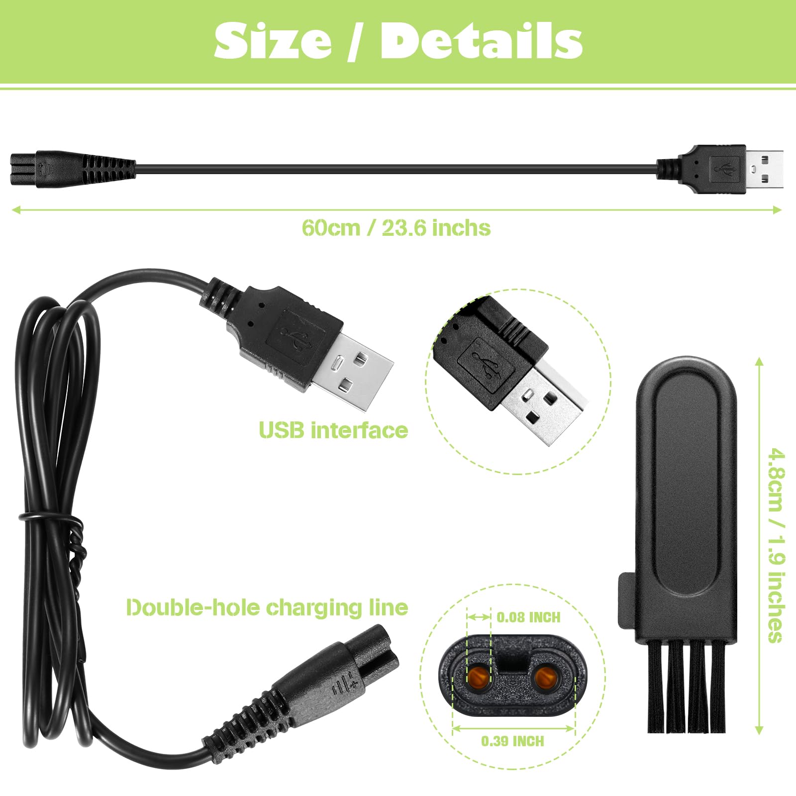 Honoson Electric Shaver Replacement Charger & 5-Piece Cleaning Brush Set - USB Power Cord for Head Shavers & Clippers | Durable Charging Cable for Home & Travel Grooming