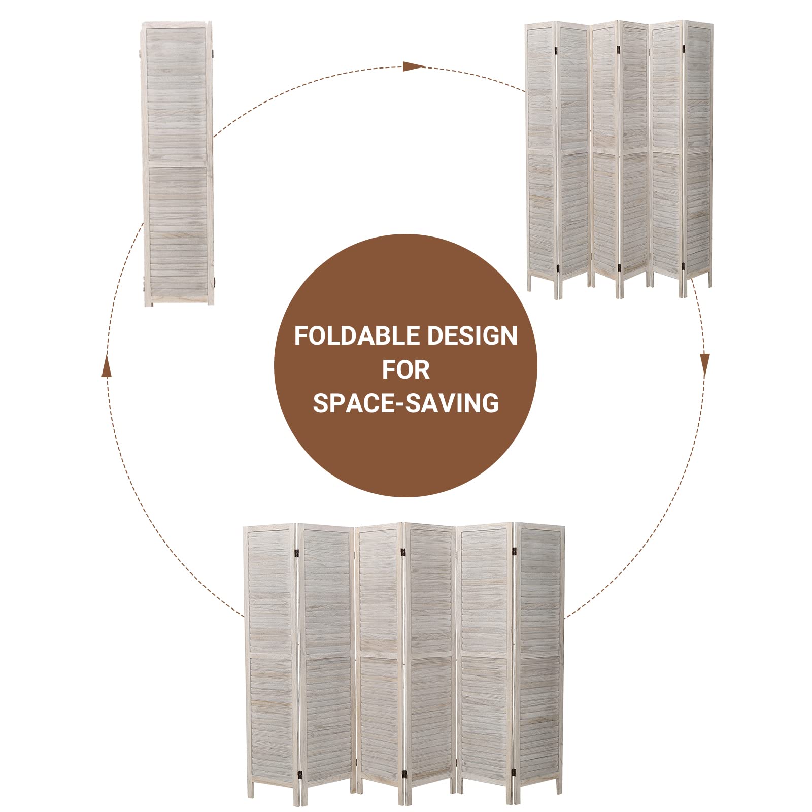 ECOMEX 6 Panel Wood Room Divider - 5.6Ft Tall Folding Privacy Screen with Louvered Design - Freestanding Partition for Home Office, Restaurant & Bedroom (White) | Perfect for Space Division, Room Separation & Decoration