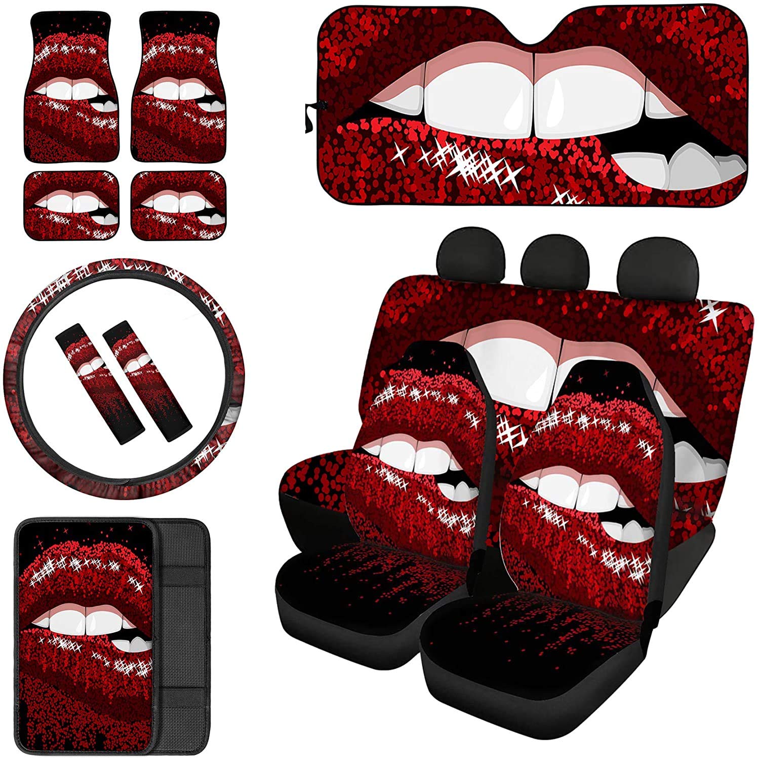 Stylish Bling Red Lips Design 13-Piece Car Accessories Set - Seat Covers, Floor Mats, Steering Wheel Cover, Armrest Cushion, Seatbelt Pads & Sunshade for Women | Perfect for Customizing Your Vehicle Interior & Road Trips