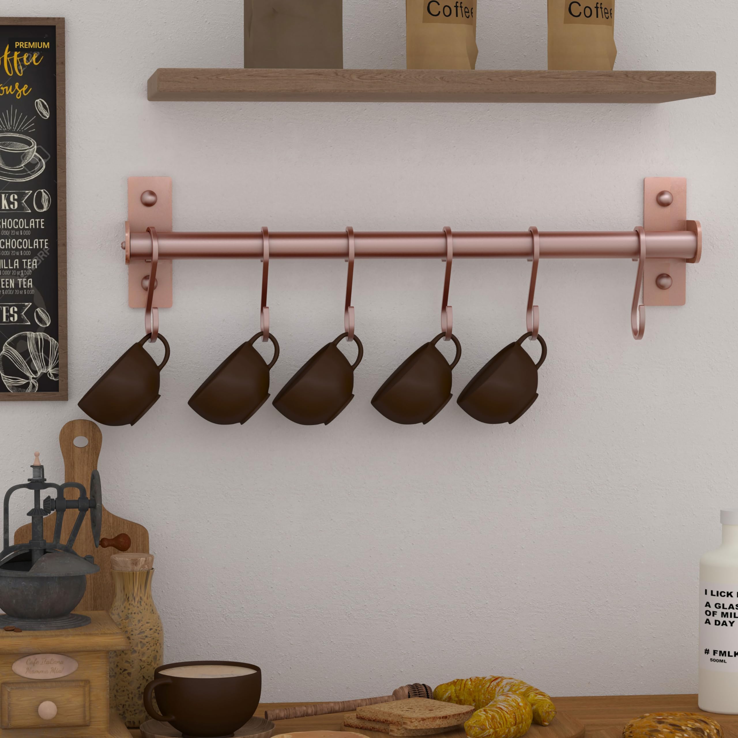 Dseap Wall Mounted Kitchen Utensil Holder - Rose Gold Pot and Pan Rack with 8 Hooks for Hanging Cooking Utensils, Mugs, Spoons - Perfect for Small Kitchens and Organized Cooking Spaces