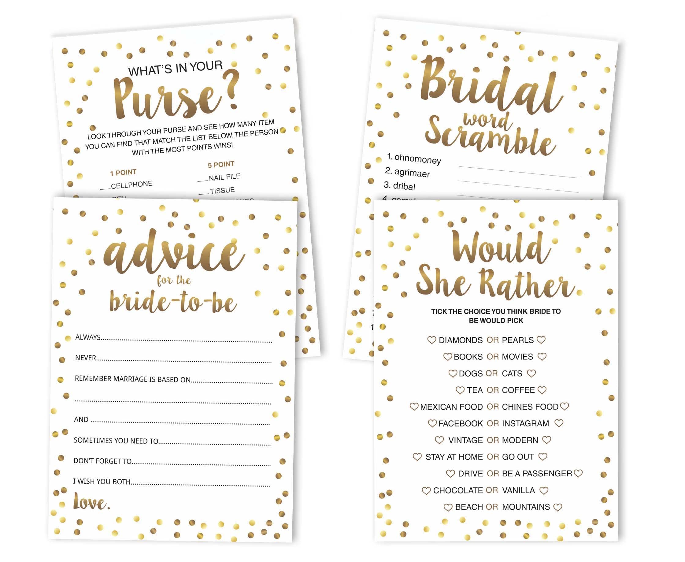 Bachelorette Party Games Set - 4 Fun Bridal Shower Games with Gold Confetti (50 Sheets Each) | Perfect for Wedding Showers, Girls Night Out & Bachelorette Parties