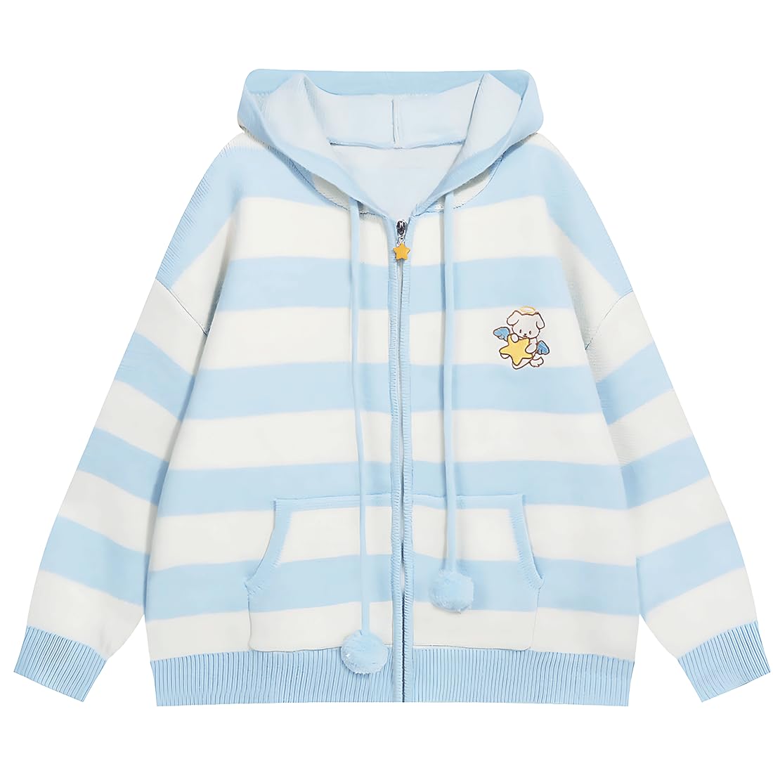 Y2K Harajuku Kawaii Goth Fashion Soft Knitted Hooded Cardigan with Cute Doggy Embroidery & Stripe Trim - Perfect for Streetwear, Cosplay & Casual Outfits