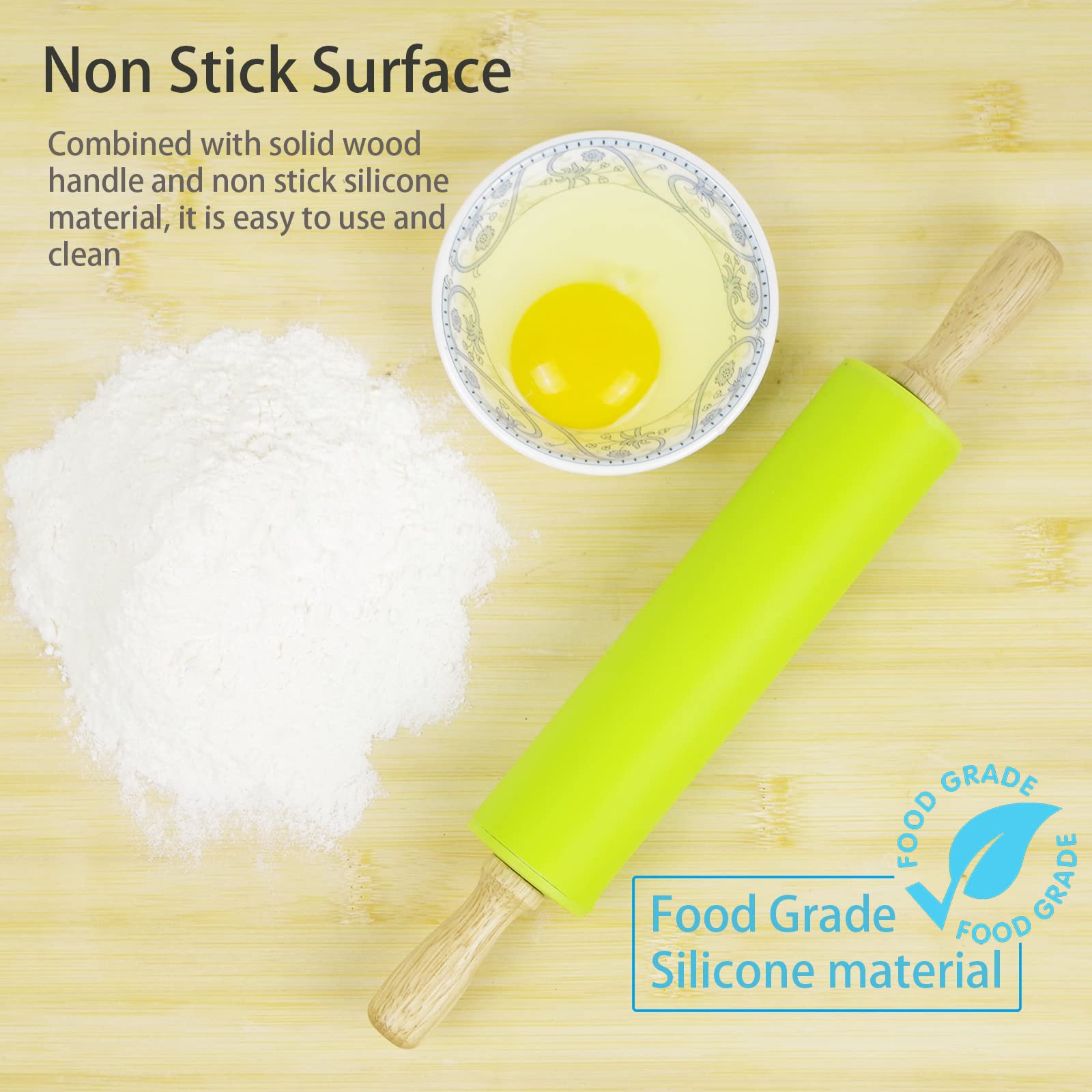 Non-Stick Silicone Rolling Pin with Wooden Handle - Perfect for Baking, Pastry Making, Dough Rolling - Ideal for Cookies, Pies, and Homemade Pasta