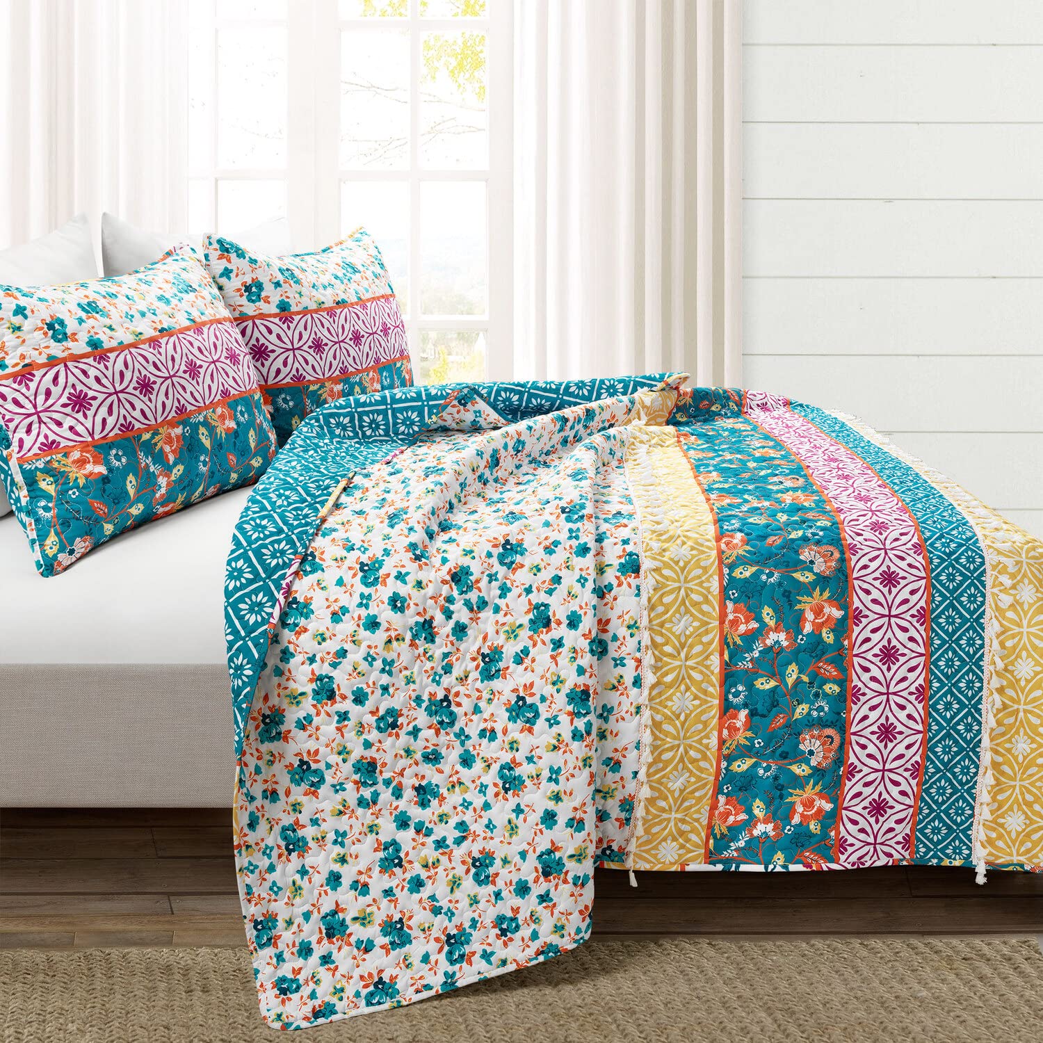 Lush Decor Emily Boho Stripe Reversible 3-Piece Quilt Set - King Size, Turquoise Blue - Perfect for Bohemian & Coastal Bedroom Decor