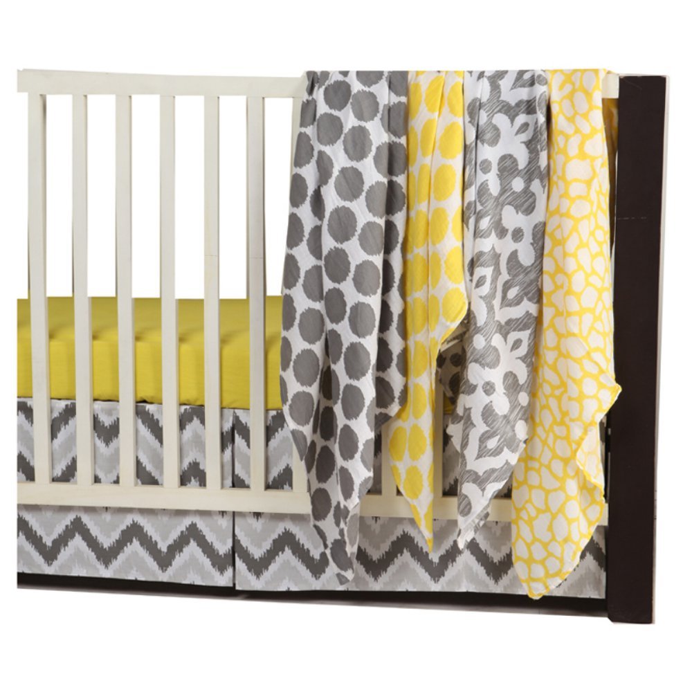 Bacati Ikat Yellow and Grey 6-Piece Crib Bedding Set with 4 Soft Muslin Blankets - Perfect for Nursery, Baby Shower Gifts & Newborn Essentials