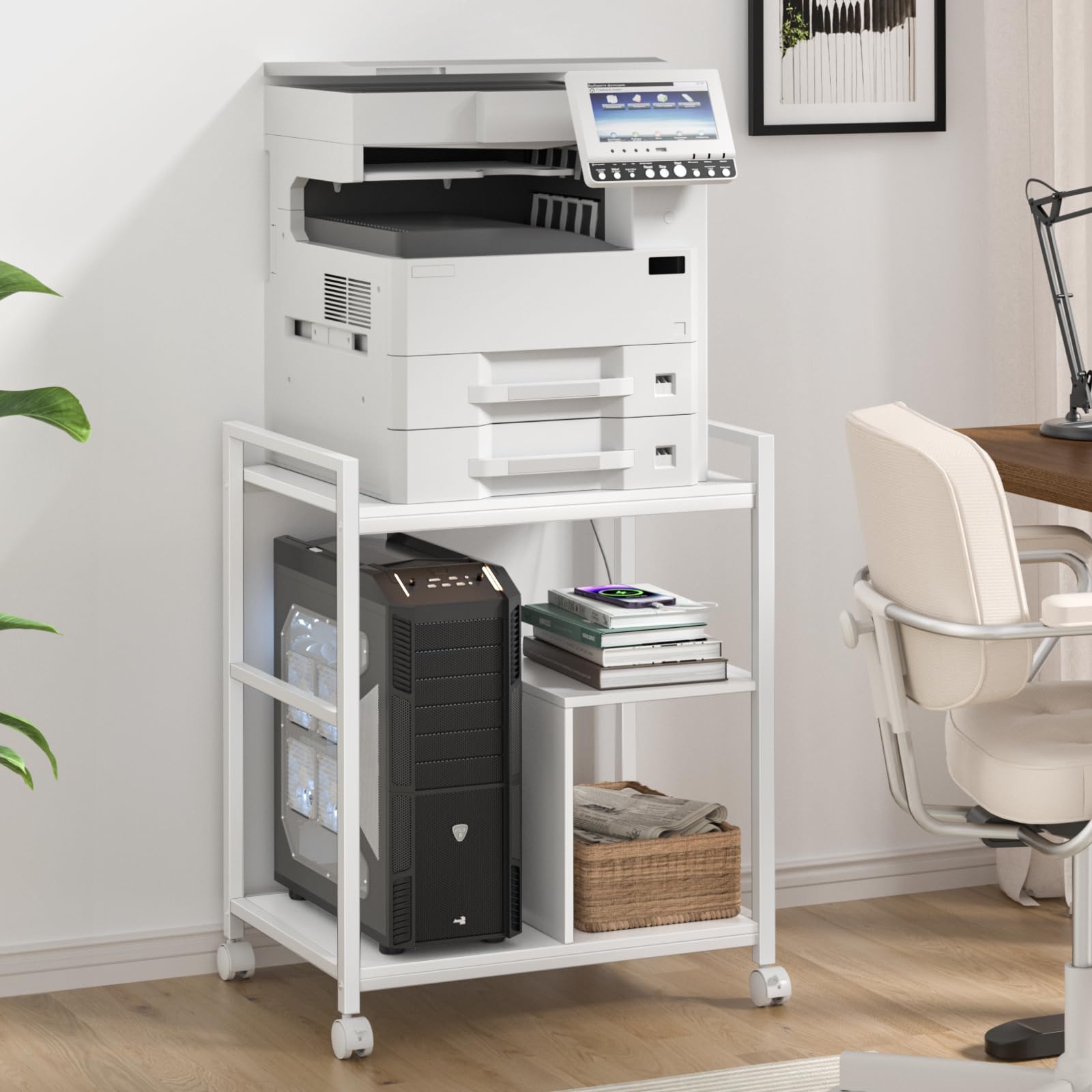 Lerliuo 3-Tier Mobile Printer Stand with Charging Station & USB Ports - White Rolling Industrial Printer Cart with Storage Shelf & Lockable Wheels - Perfect for Home Office, School, or Studio Workspace Organization