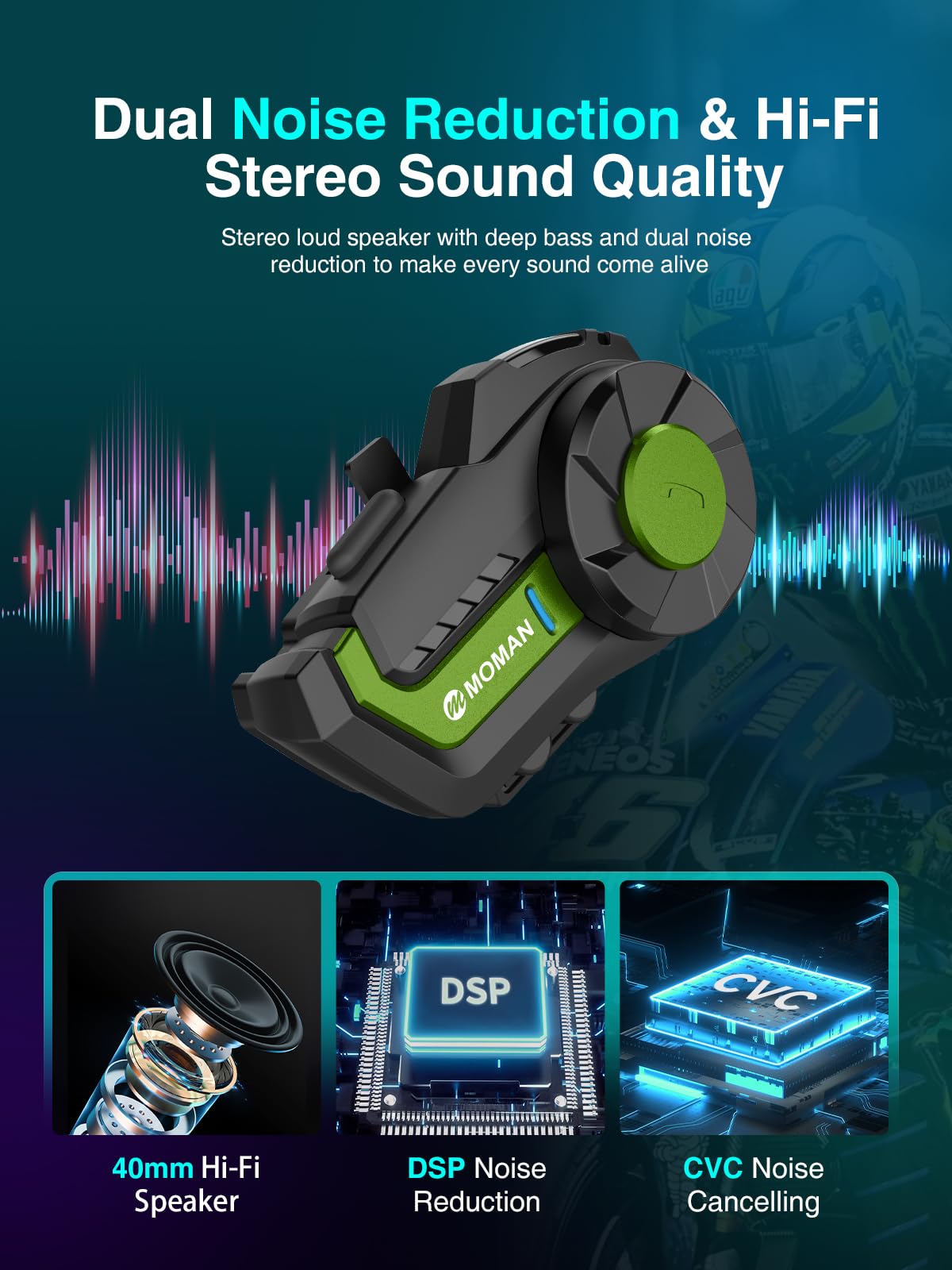 Moman H2 Pro Motorcycle Helmet Intercom System - Wireless Bluetooth 5.1 Communication Headset with DSP & CVC Noise Cancellation, AI Voice Assistant, Music Sharing (Green) - Perfect for Group Riding, Touring & Adventure Motorcycling