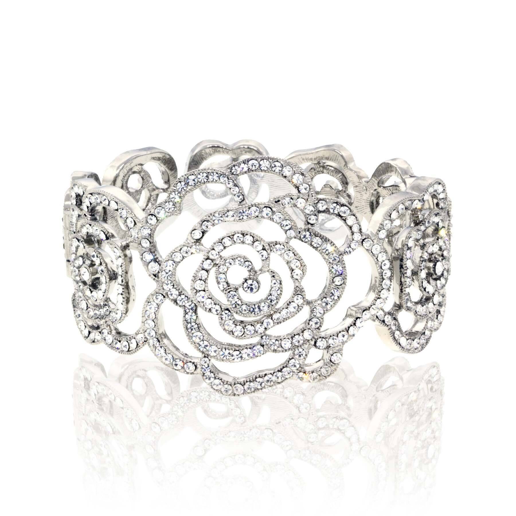 1928 Jewelry 8 Embellished Rose European Crystal Magnetic Hinged Cuff Bracelet for Women - Elegant Vintage Style Magnetic Closure Bangle for Party, Wedding & Special Occasions