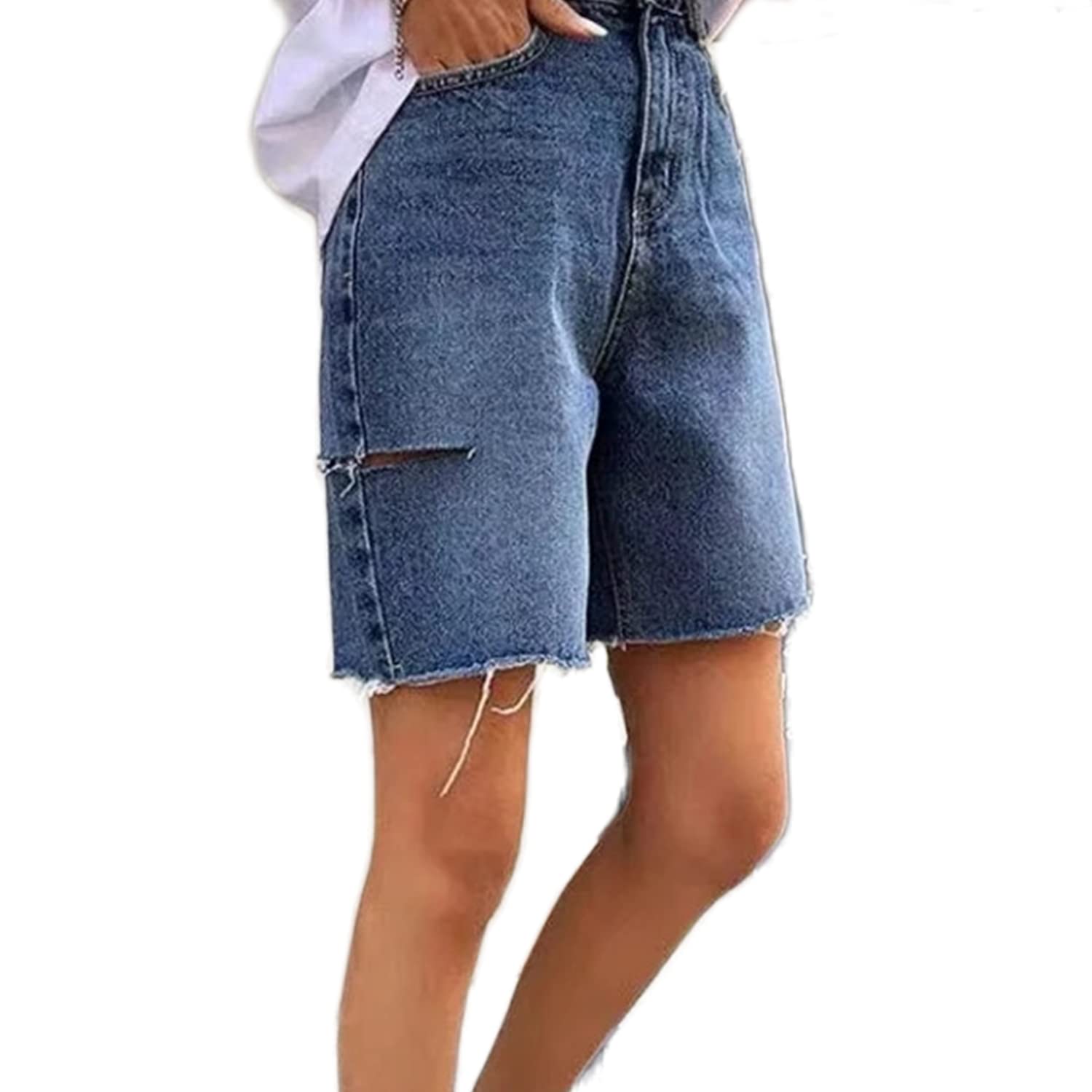 GAI Women's Bermuda Denim Shorts - Stretchy Ripped Distressed Hem Jean Shorts | Y2K Relaxed Fit Wide Leg Trendy Streetwear | Perfect for Summer, Beach, Music Festivals & Casual Outfits