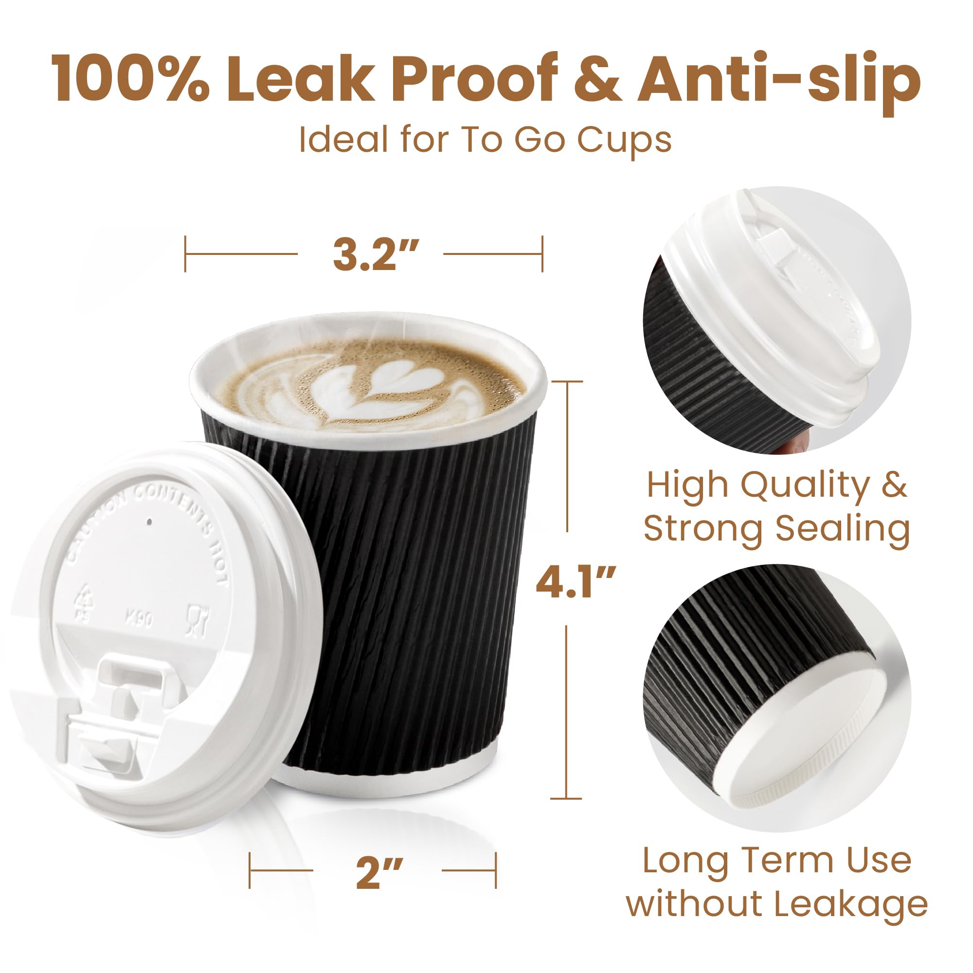 50 Pack 8 oz Black Disposable Coffee Cups with Lids & Stirrers - Triple Wall Insulated Hot Beverage To-Go Cups for Coffee, Tea, Hot Chocolate - Perfect for Travel, Office, Home, Cafes & Takeout (White Lids)