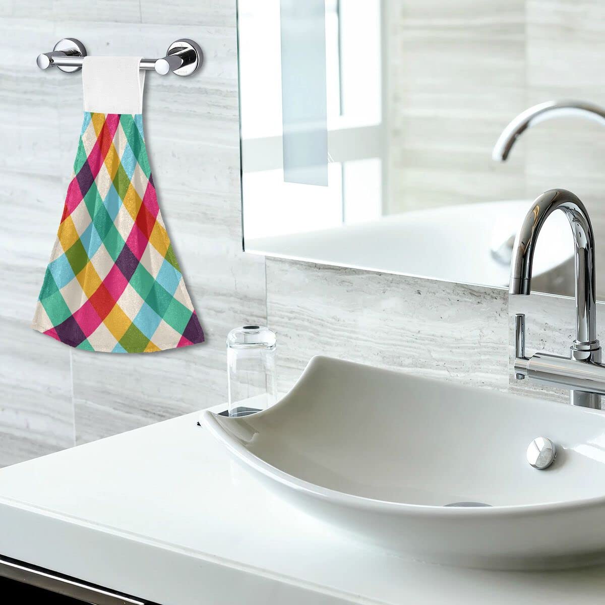 Giwawa Mid-Century Modern Geometric Pattern Yellow & Teal Hand Towel - Super Soft, Absorbent, Reusable - Perfect for Kitchen, Bathroom, Bar & Tea Towel - Washable Decorative Cloth for Home Decor
