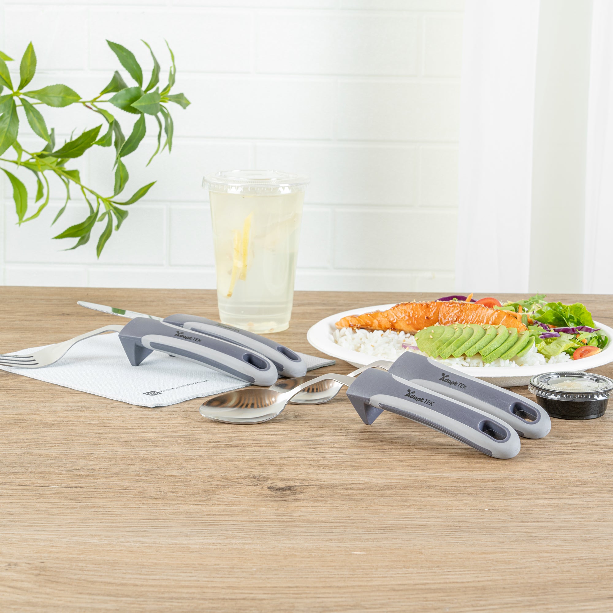 Adapt Tek Gray Stainless Steel 4-Piece Adaptive Offset Utensil Set for Right-Handed Users - Lightweight, Non-Slip Grip - Perfect for Arthritis & Limited Mobility (1 Count Box) - Ideal for Cooking, Baking & Everyday Kitchen Tasks